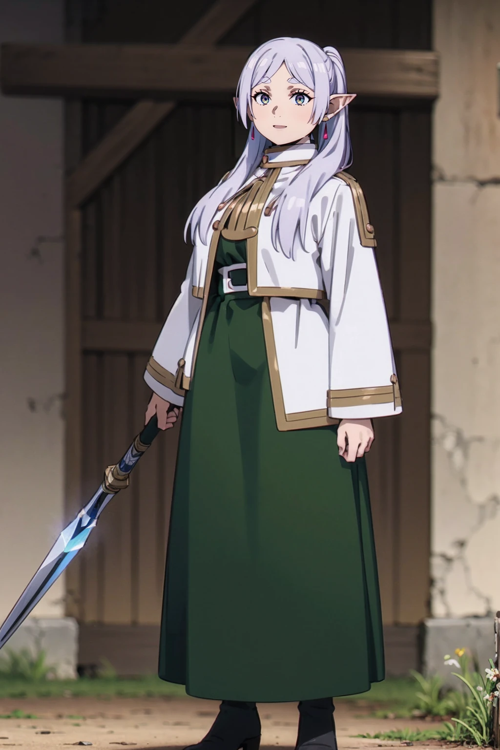 1girl,solo,elf,white hair,grey hair,earrings,pointy ears,long hair,ponytail,green eyes,twintails,parted bangs,thick eyebrows,,, holy magicalgirl, , holy haura, halo,, paladin, sword holding, full body , boots, standing,cute,breast, curvy, female,fantasy goddess,there is a cartoon picture of a woman with a very large breast, glowing angelic being, glowing holy aura, inspired by Luma Rouge, the non-binary deity of spring, ethereal rainbow nimbus, the butterfly goddess of fire, inspired by Mariel, glowing aura around her, astral fairy, as the goddess of the sun, “uwu the prismatic person, big breast, serious, beautiful eyes, , full body, walking, long robe, long dress, ,priestess ,holy, smile, god rays, ray tracing, sparkle, cinematic lighting, UHD, retina, masterpiece, ccurate, anatomically correct, textured skin, super detail, high details, high quality, award winning, best quality, highres, 1080P, HD, 4K, thunder aura, light aura,full, staff holding, determined, long sleevess, long skirt, long skirt,