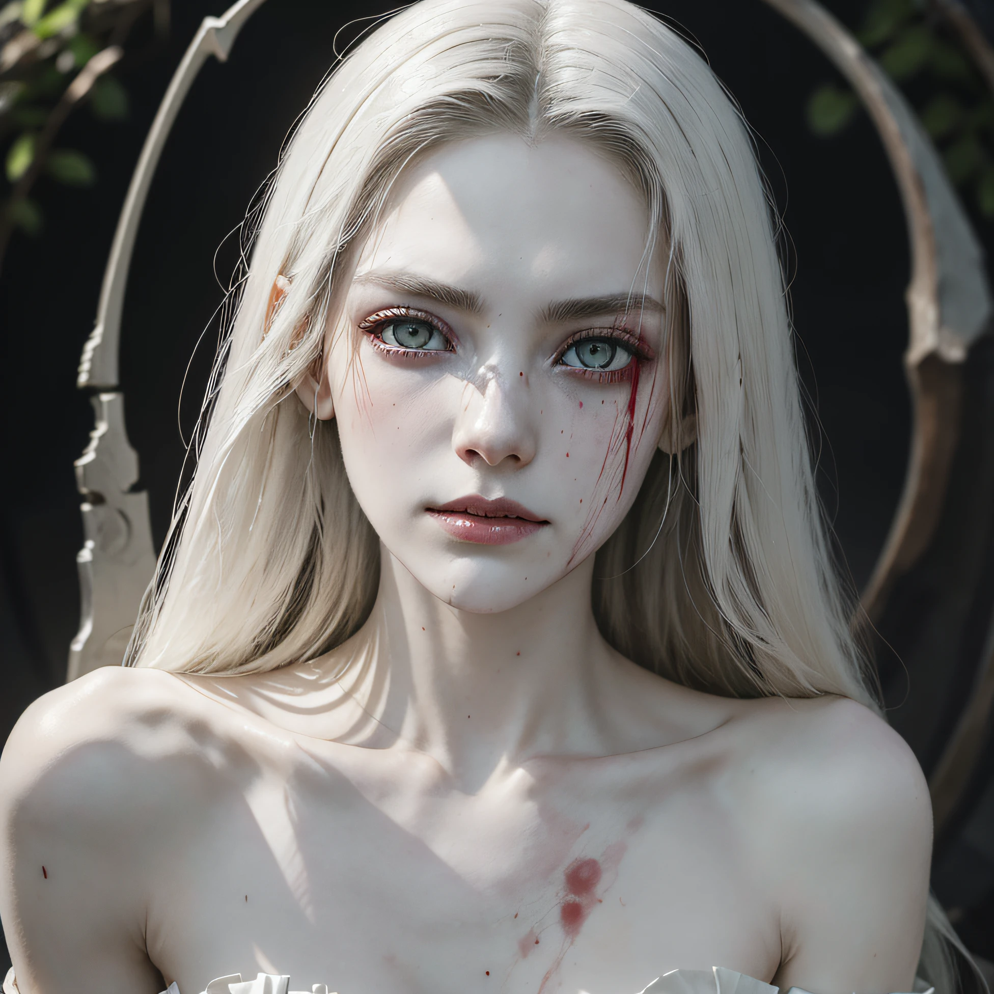 corpse, sinister, female, thin, pale, looking at the camera, ultra realistic, fully detailed, cemetery environment, bright eyes, white dress torn and stained with blood, bones exposed, putrid wounds, sensual, terrifying, bruised by the body, exposed fracture in the collarbone, slight smile, super detailed, white eyes,