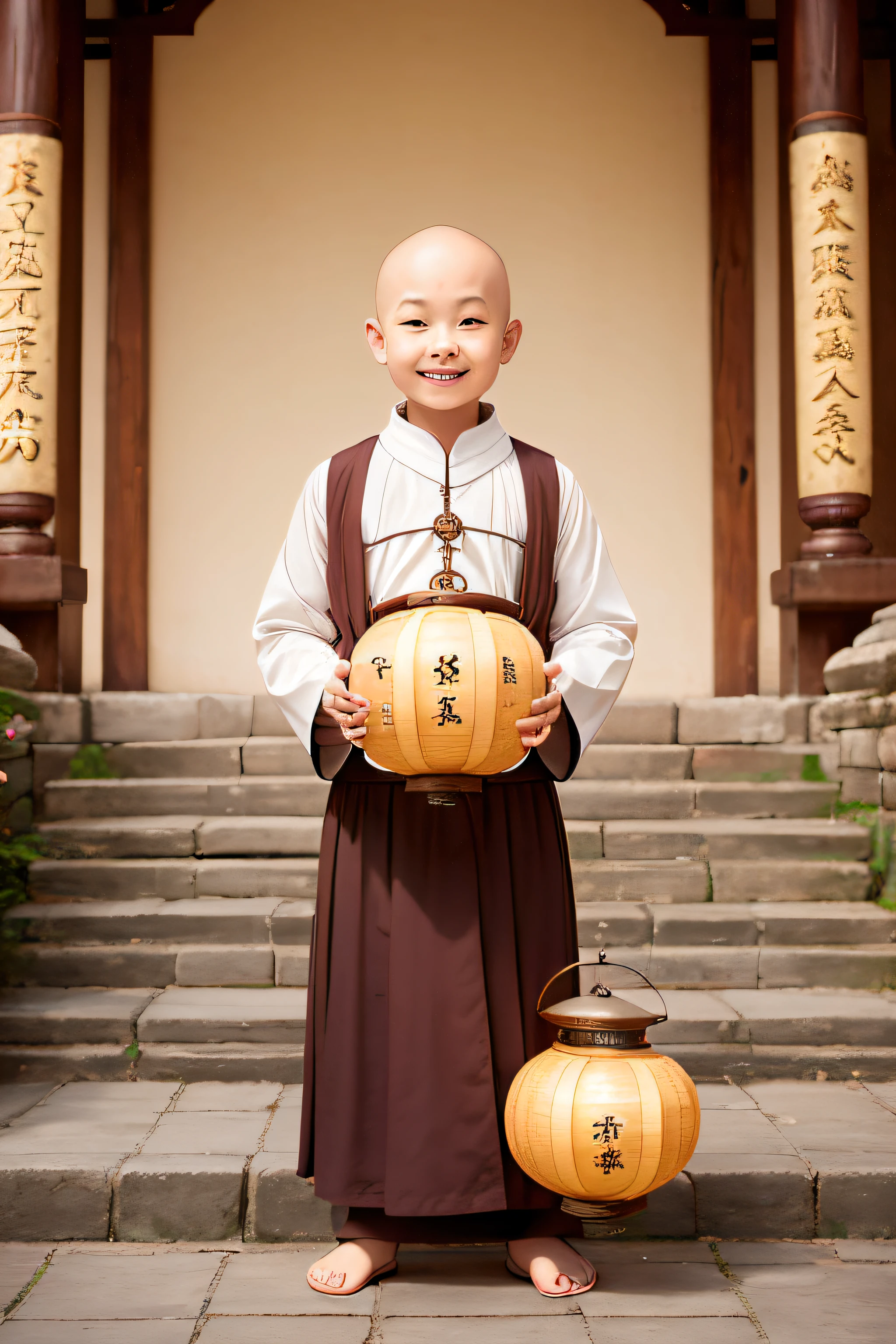 -yead cutittle monk,largeeyes,Bald。 Wearing monk costumes, Holding lotus lantern with both hands,with a round face,slave eyelids,Happy smile,Stand on the steps,Background temple,Impeccably clean,need,to emphasize,A high resolution --auto