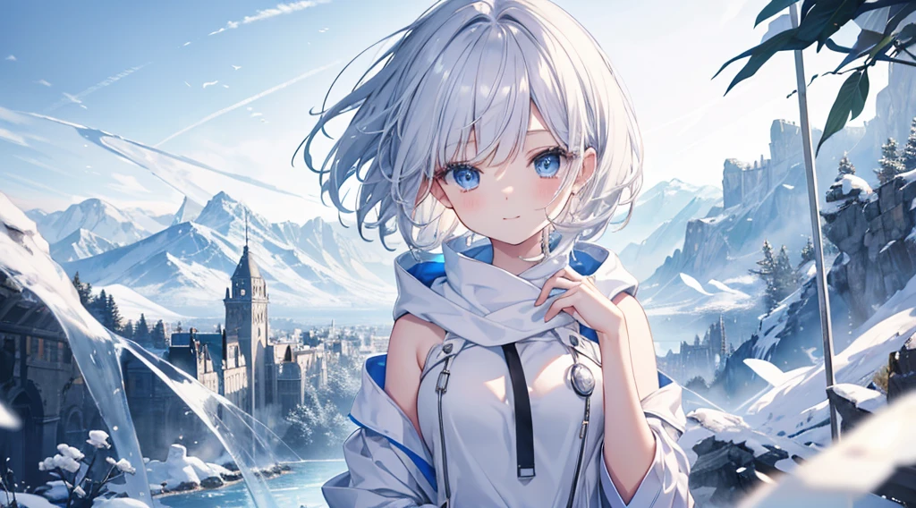mid-shot, Look at viewers, hands behind back, girl with, 20 years old, Very short hair, long bangs between eyes, hair over shoulder, Grey Hair, Floating hair, ^ ^, pale blue eyes, Short dress, Hoodie, Skirt, Bare shoulder, White clothes, Blue sky, Nature, Sunlight, Extremely detailed,(masterpiece、top-quality)、独奏、1womanl、White hair、the tips of the hair are blue、Blue eyes、A smile、White skin as clear as snow、Fantastical,Small breasts, Silver hair, Blue eyes, Beautiful eyes, Teen Girl, Ecstasy, charmed, be smitten with audience, Hoodie, Hoodie with open front, fantastic landscape, Shoulder out,White muffler