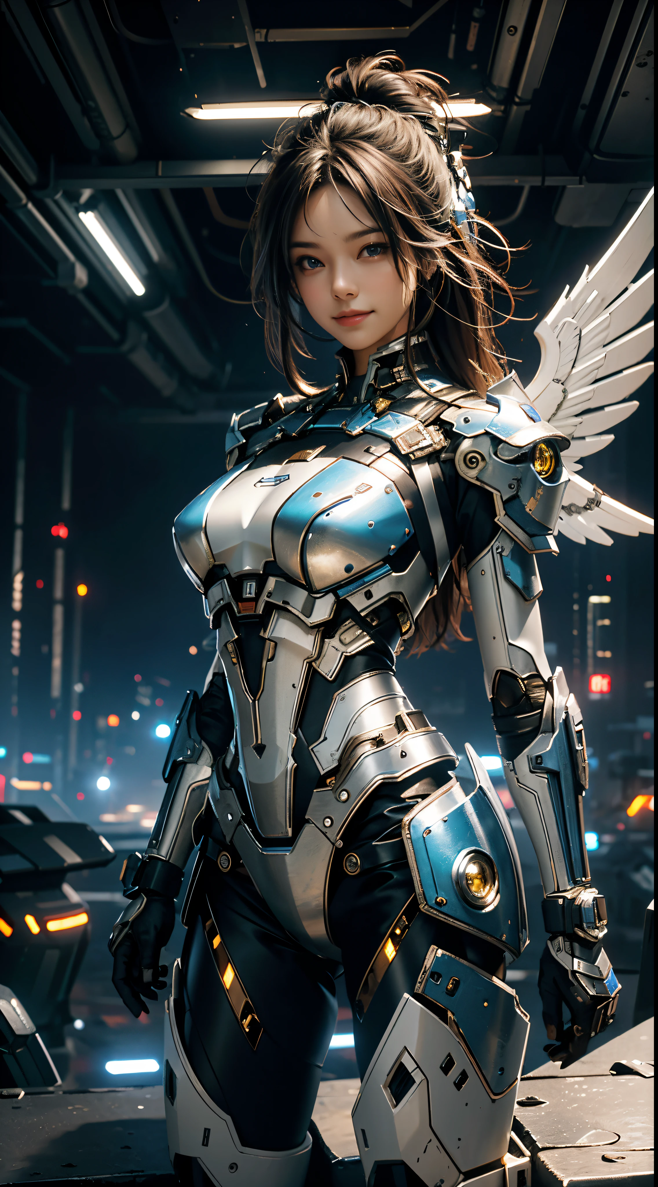 16k, masterpiece,(best quality),highly-detailed,ultra-detailed,1girl, big breast, breast window,(mechanical wings),(cyberpunkcity:1.5,weapon:energy blade),(fantasylandscape:1.2, natural lighting:1.5, confident expression),(panorama:1.2), victory pose, mecha, smile, angle,Angels, wings, gold,raw