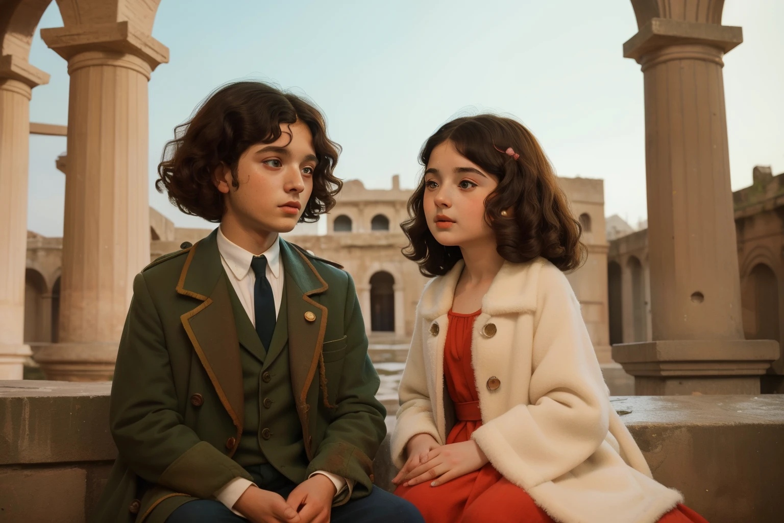 1965, Italy. Pre-raphaelite ((((9-year-old)) Momo)), homeless girl, messy short curly hair, oversized coat, ((happiness expression)), sitting in a roman anphitheatre, ruins, talking with a ((((13-year-old)) boy)), ((((shabby and unkempt Clothing)))), ((curly Hairstyle of the 1960s)), ((Wes Anderson cinematic style)), colorful