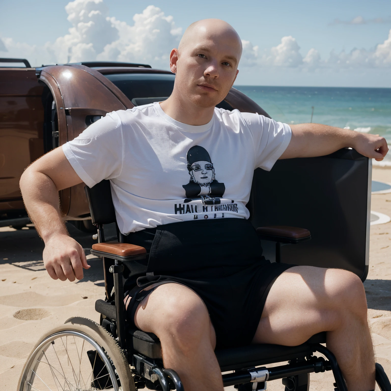 Fat redhead white bald quadriplegic wheelchair user wearing designer clothes looking at the horizon with penetrating gaze