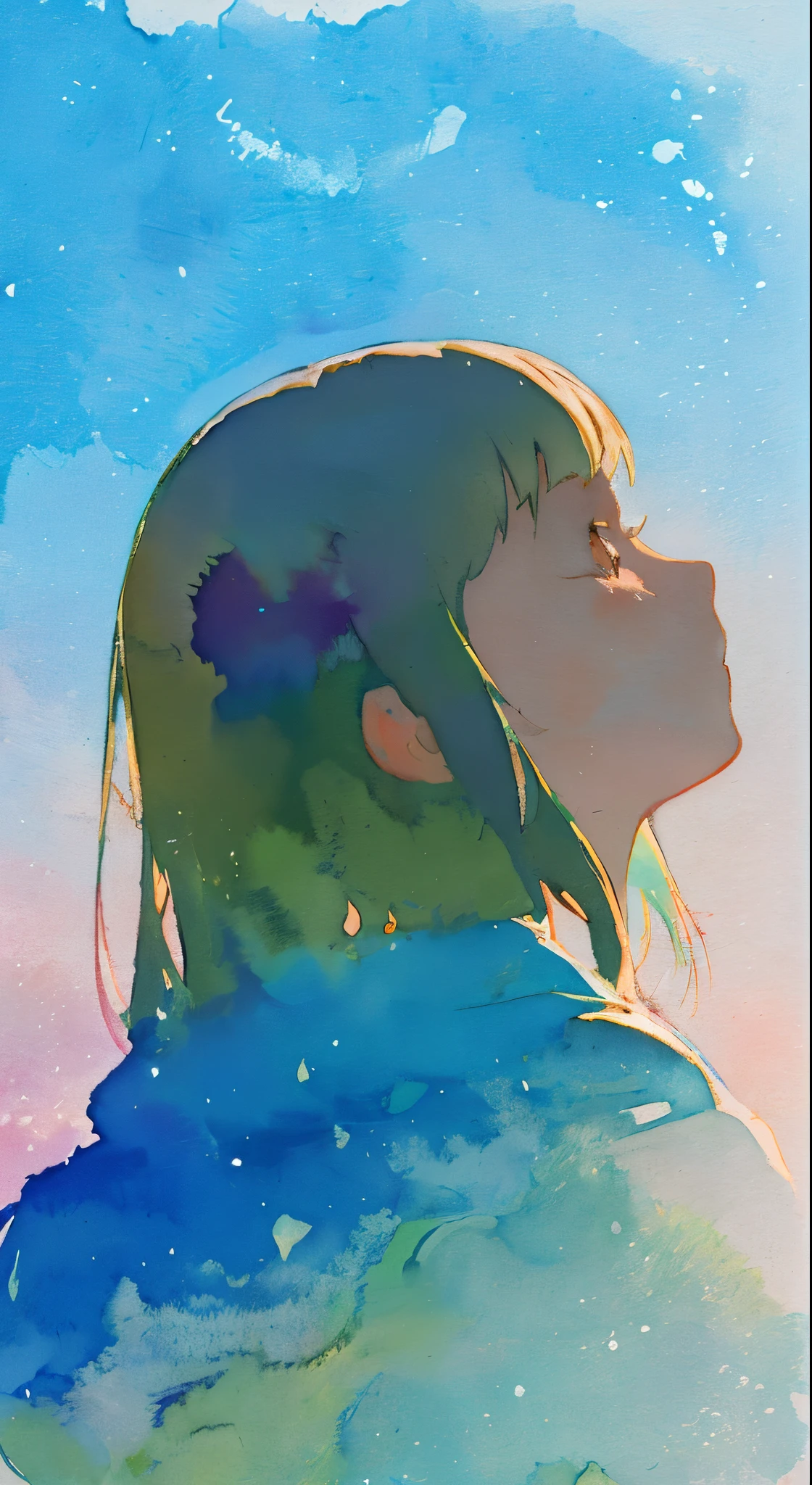 watercolor paiting、Pale shades、Beautiful colors、parfect anatomy、cowboy shot、eye closed、A girl's profile、、Cute little girl s