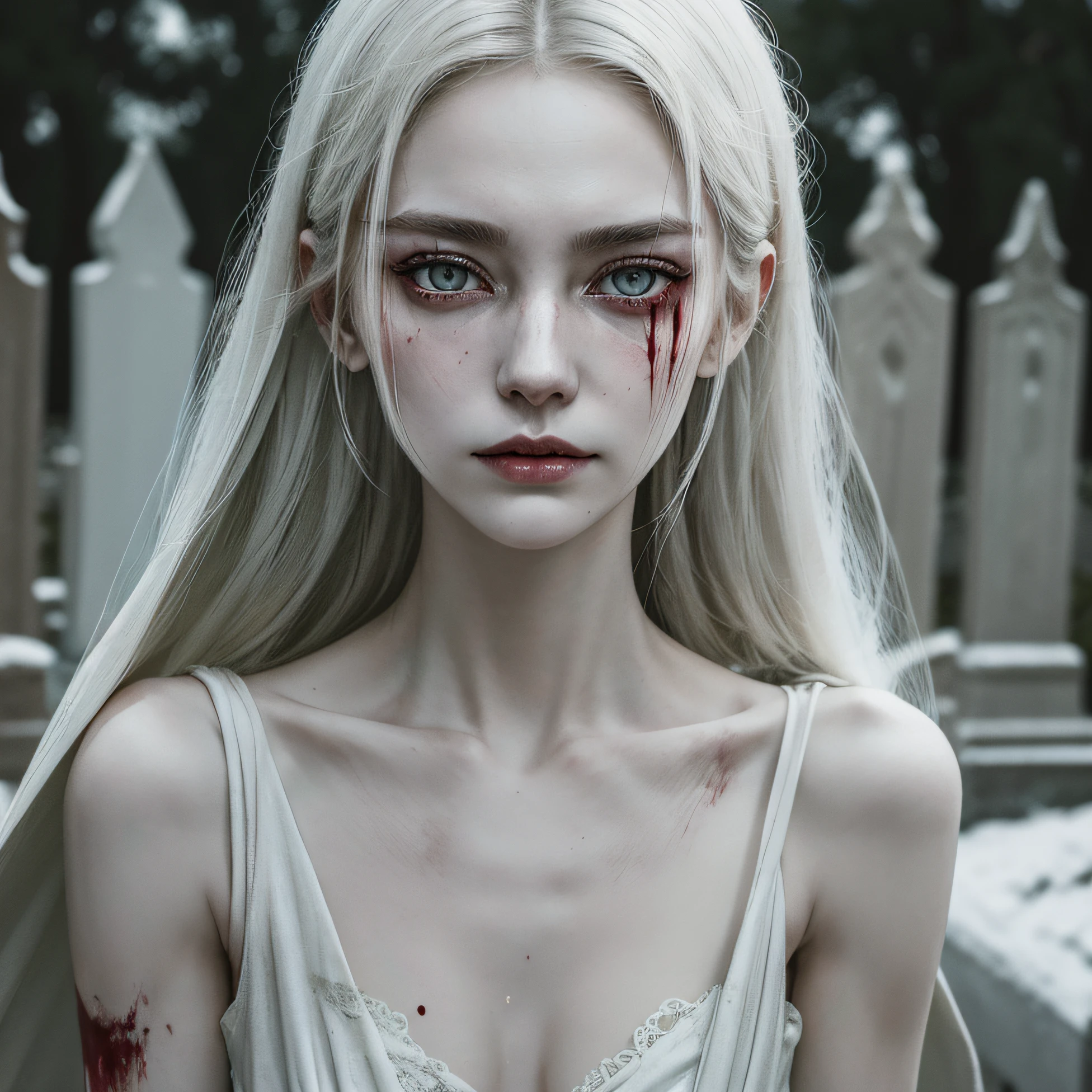 corpse, sinister, female, thin, pale, looking at the camera, ultra realistic, fully detailed, cemetery environment, bright eyes, white dress torn and stained with blood, bones exposed, putrid wounds, sensual, terrifying, bruised by the body, exposed fracture in the collarbone, slight smile, super detailed, white eyes,