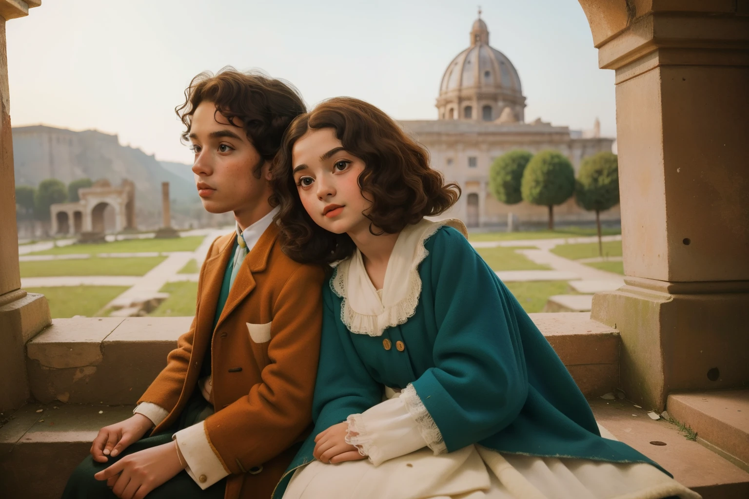 1965, Italy. Pre-raphaelite ((((9--old)omo)), homeless girl, messy short curly hair, oversized coat, ((happiness expression)), sitting in a roman anphitheatre, ruins, talking with a ((((13-yearld)y)), (shabby and unkempt Clothing)))), ((curly Hairstyle of the 1960s)), ((Wes Anderson cinematic style)), colorful