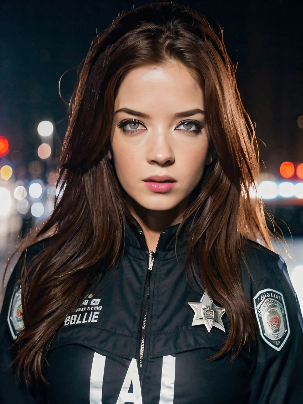 los angeles city street, (night time), (dark lighting:1.2), (LAPD uniform), (long sleeve police uniform:1.0), long straight hair, serious expression, frown, (photorealistic:1.2) (best quality) (detailed) (intricate) (8K), (cinematic lighting:1.2), sharp details