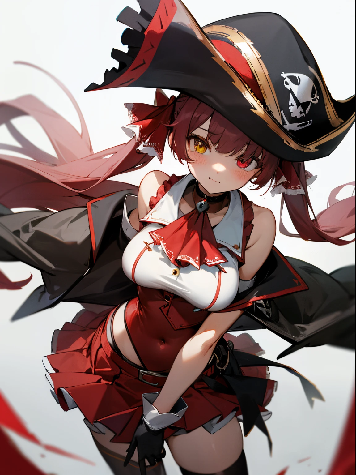Best Quality,absurd res, 1girl in,Solo,:\3,Houshou Marine,houshouBase, Heterochromia, Red Eyes, Yellow eyes, Twin-tailed, Long hair, Hair Ribbon, Large breasts, White Gloves, frilled choker, Red Ascot, Leotard, Leotards under clothes, Red jacket, Cropped jacket, sleeveless jacket, Black coat, off shoulders, Bicorn, Red skirt, Miniskirt, Leather Belt, black thighhighs,seaside,Pirate Hat