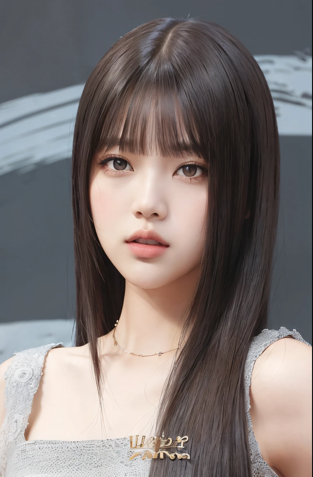 un primer plano de una mujer con cabello largo y vestido gris, Lalisa Manobal, Lalisa Manoban de Blackpink, Ella tiene el pelo negro con flequillo, El Corte Hime, Cabello limpio con flequillo, Flequillo partido en el centro, con flequillo completo, con flequillo, flequillo largo y recto, Cabello negro Hime cortado, flequillo recto, Cabello largo con flequillo completo