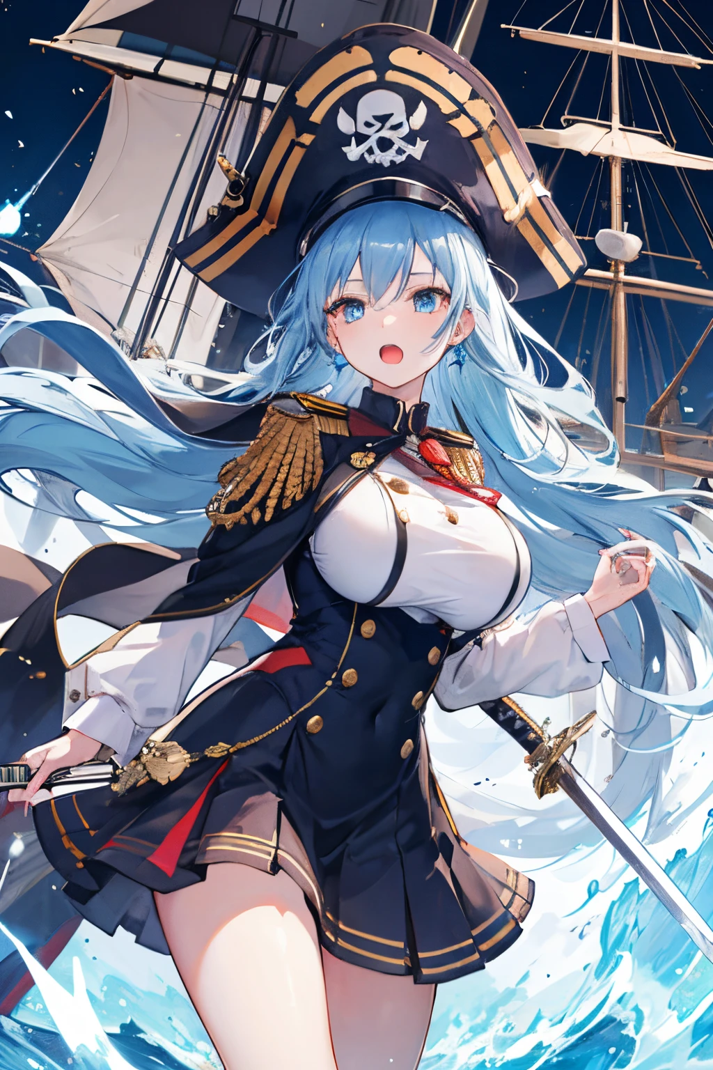 1girl, admiral, uniform, long blue hair, bright blue eye, pirate hat, sword, raise sword to sky, screaming like spirit, courage woman, big breast, firefly, ships, glowing, sidelighting, wallpaper