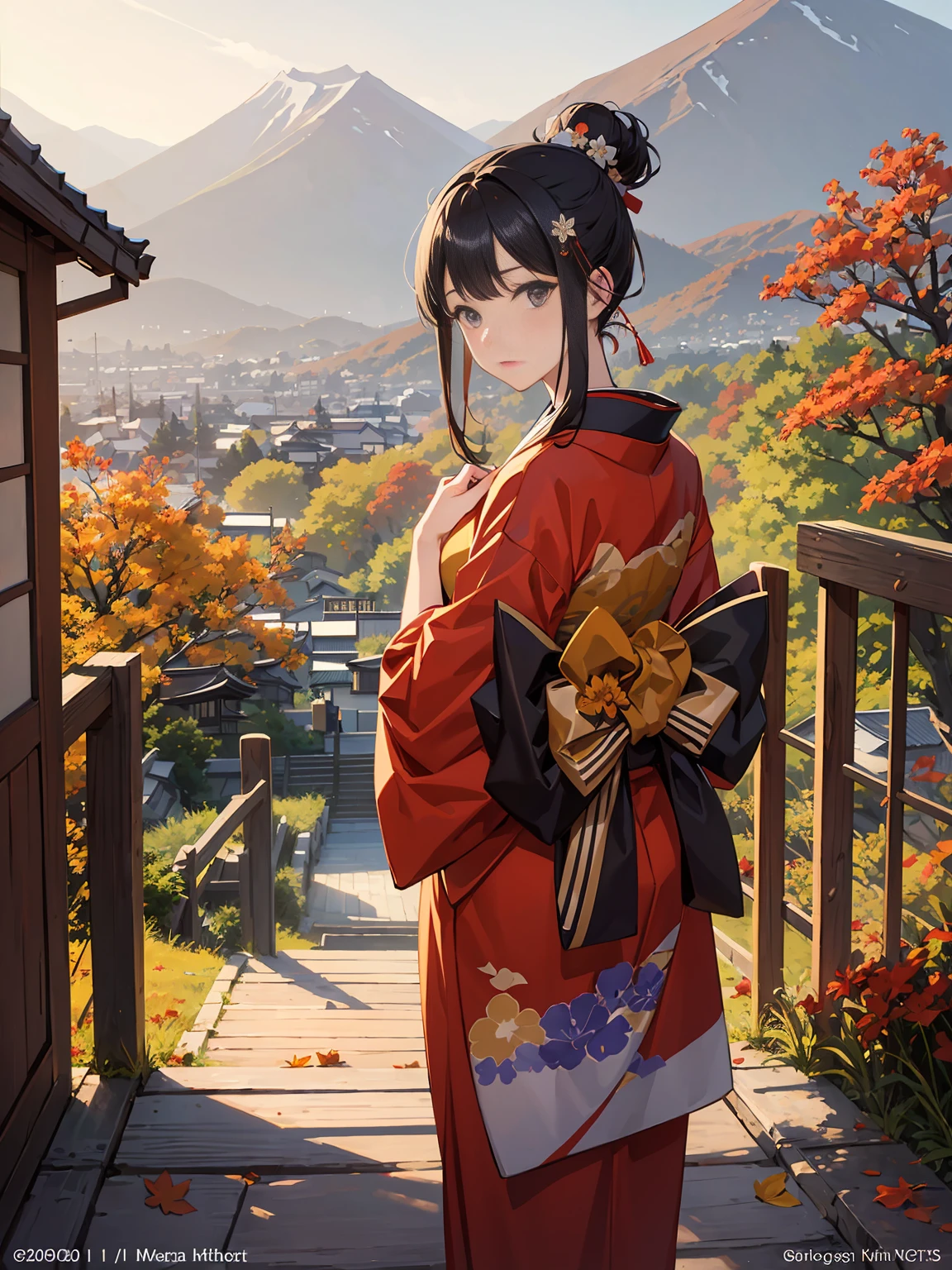 official art, beautiful woman, kyoto, paint kimono, black hair, topknot, flower Japanese hairpin, cowboy shot, outdoors, Autumn, colored leaves, autumn leaves, fallen leaves, flower fields, paths, mountains changing colors in the distance