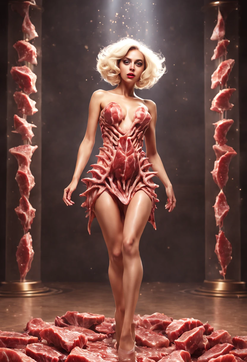 01_(High Image Quality), (Excellence in 3D Graphics), (Cinematic Image Quality), (Stylization - Alien Movie),
(Entertainment show), (the girl vaguely resembles Lady GAGA) –
(very beautiful, full-length figure, alone, face, sexy young woman), (in a dress made of raw meat, fresh shiny pieces of meat, the floors form an elegant short dress, with a deep neckline), (dress made of raw meat, short dress, above the knees, pieces of fresh meat covering a very beautiful female body), (small bust, highly aesthetic image of a sexy girl).
02_Neutral background, starry glow, fairy light, dim light, geometric decor, abstract shapes.
03_ Warm colors, the contrast of light with cold side lighting, expressiveness of volume and shape, high-quality 3D visualization, render, a masterpiece. highest quality, skull bones background. Sidelight, mystical frame. Best quality, unreal engine, | Ultra HD | Full HD, high detail. Imitation of graphics, artistic style. (bright evening lighting, warm light, sharp focus, 8K). Highly detailed meat textures, wet meat shine. Highly detailed skin texture, white woman. Film grain, humid air, the contrast of cold
shadows, and warm golden light.