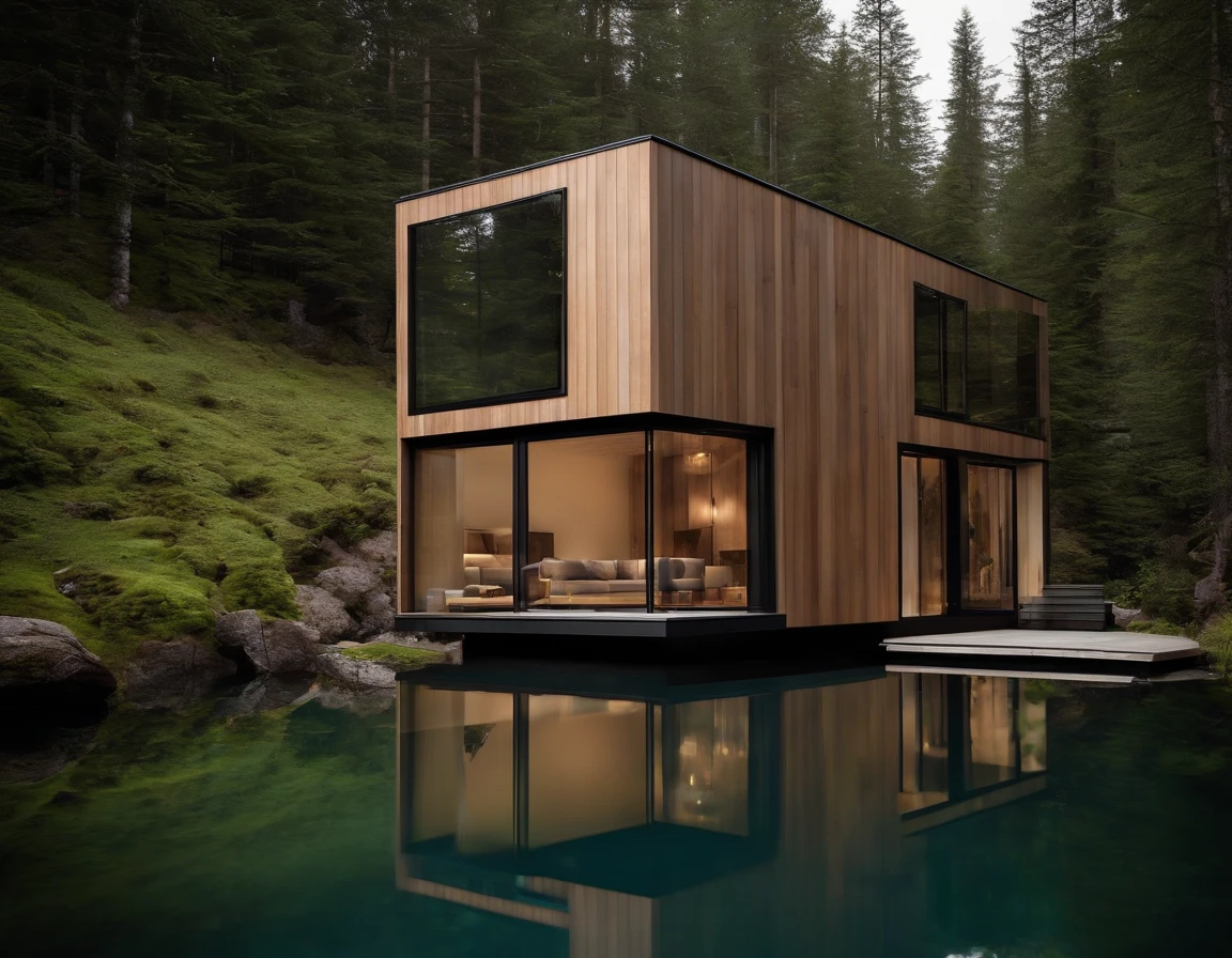Exterior image of a tiny house house in a Scandinavian nature, duplex, minimalistic, (((standing wood and glass mirror panels))), avantgarde, sci-fi, science fiction, waterfall, panorama glass windows, forests, waterfall inside atrium, rocks, futuristic, stealth. modern, solar panel roof, natural pond of water, inspired by Syd Mead