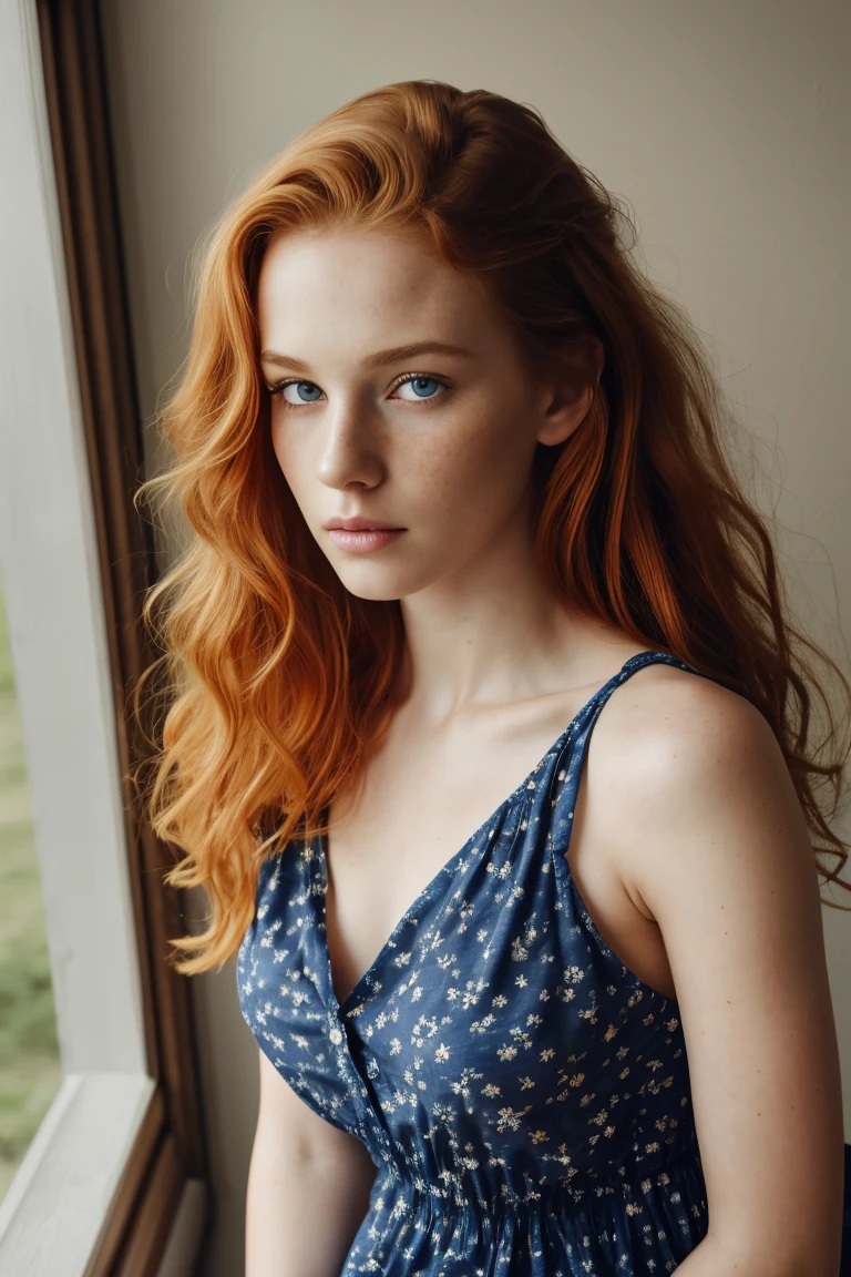 1girl in, 19, Solo, Aesthetic artwork, irish redhead, wavy ginger hair, shoulder length ginger hair, gray eyes, light grey eyes, some small freckles, pale skin, A-cup, small breasts, runners body, (textured skin, skin pores:1.1), (moles:0.8), imperfect skin, goosebumps, sitting down having coffee, drinking coffee, (extremely detailed 8k wallpaper), soft lighting, high quality, film grain, Fujifilm XT3 sharp focus, f 5.6, 50mm, High Detail, Sharp focus,(natural light), in a navy blue colored dress. A navy blue sundress, floral pattern sundress, crazy details, complex details, hyperdetailed