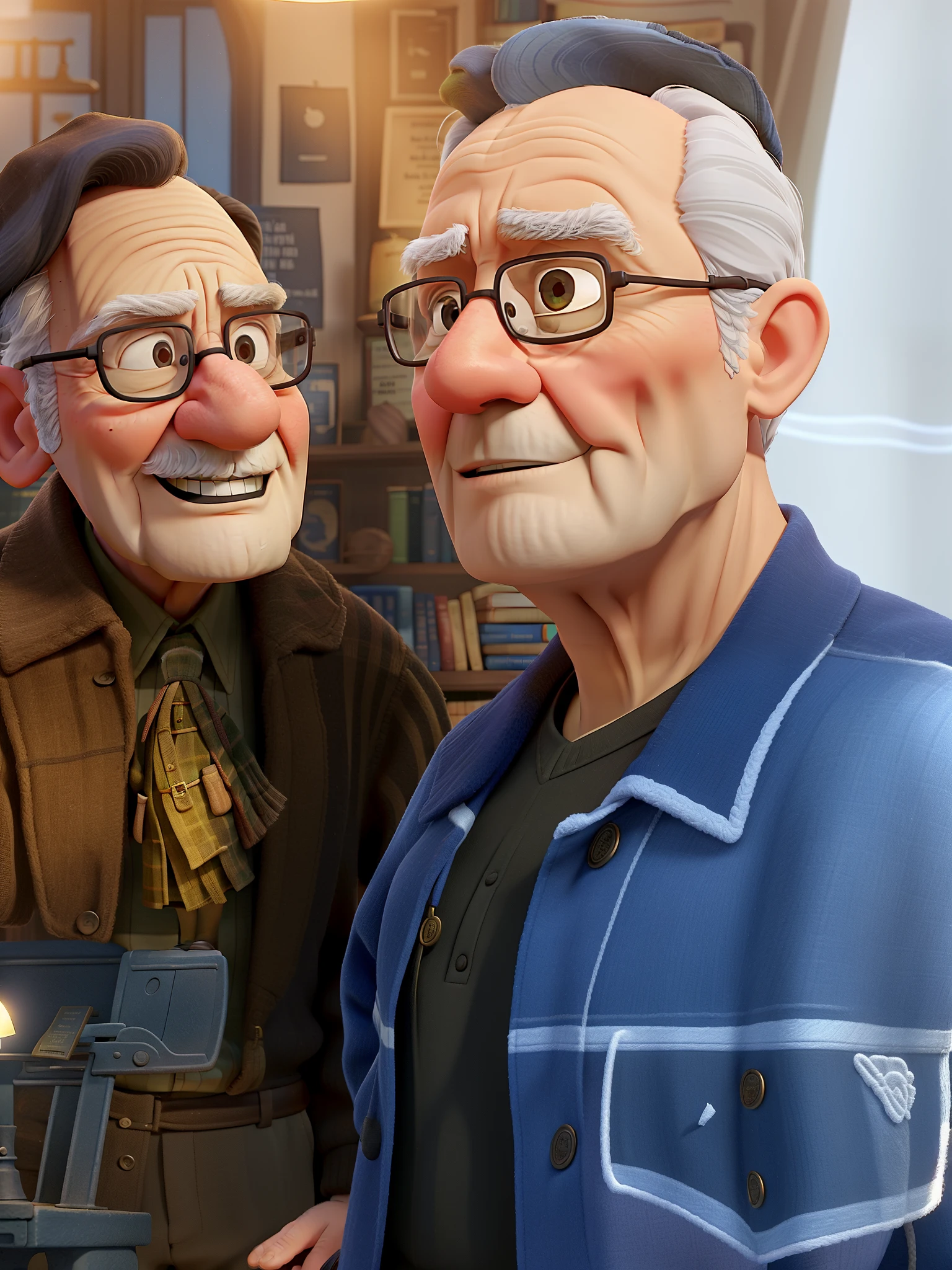 A wise old man standing in front, illuminated by the light of a lamp, against the backdrop of a library with a camera and screen