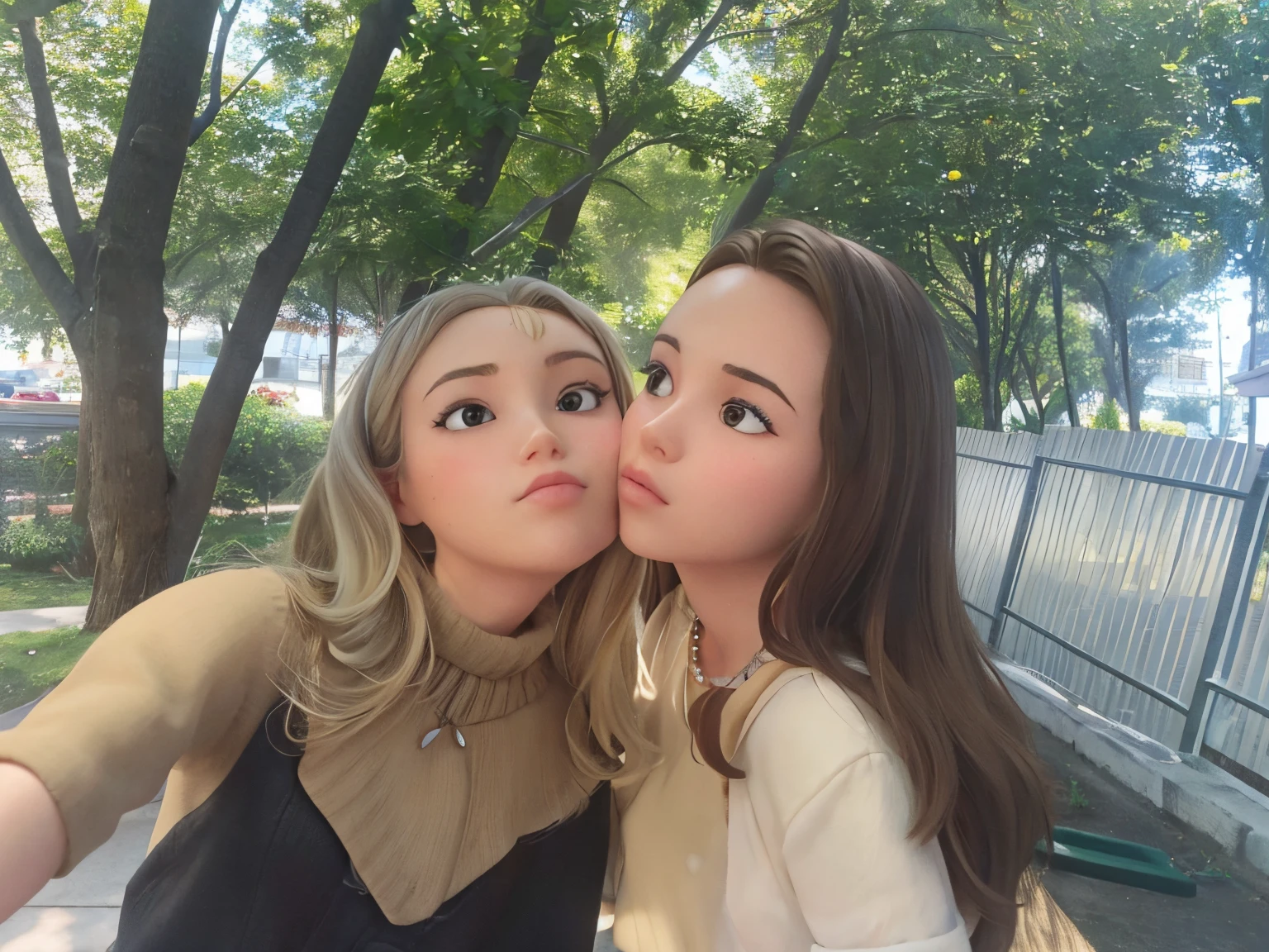 two girls, one blonde with medium length hair and gray eyes, the other with brown hair and brown eyes