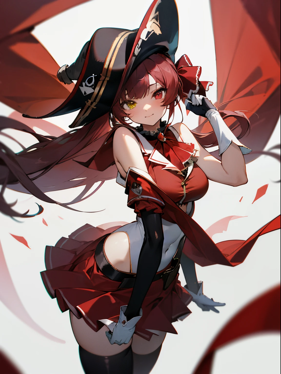 Best Quality,absurd res, 1girl in,Solo,:\3,Houshou Marine,houshouBase, Heterochromia, Red Eyes, Yellow eyes, Twin-tailed, Long hair, Hair Ribbon, Large breasts, White Gloves, frilled choker, Red Ascot, Leotard, Leotards under clothes, Red jacket, Cropped jacket, sleeveless jacket, Black coat, off shoulders, Bicorn, Red skirt, Miniskirt, Leather Belt, black thighhighs,seaside,Pirate Hat
