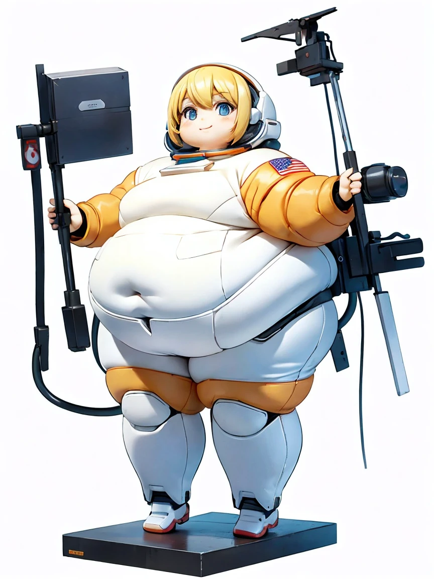 Fat Cute girl ride on spaceship, Smile and cute pose ,Orange and white color, (Cute Astronaut: 1.331), Cute Style, Small, Big Head, 3D Rendering, ((Q Version)), obese body, Pokémon style, Machine Style, Cinematic Texture, Figures, Pokémon, Movie Lights, Heavy Robotic Arm, Mechanical Belly, Mechanical Legs, Mechanical Legs, Mechanical Sense, Spinning, Colorful Lightning, Lightning, Cool, Clean White Background, Ray Tracing, Premium Colors, Full Body 3D Model, Action, Stylish Blind Box Toys. (fill body:1.2),chibi