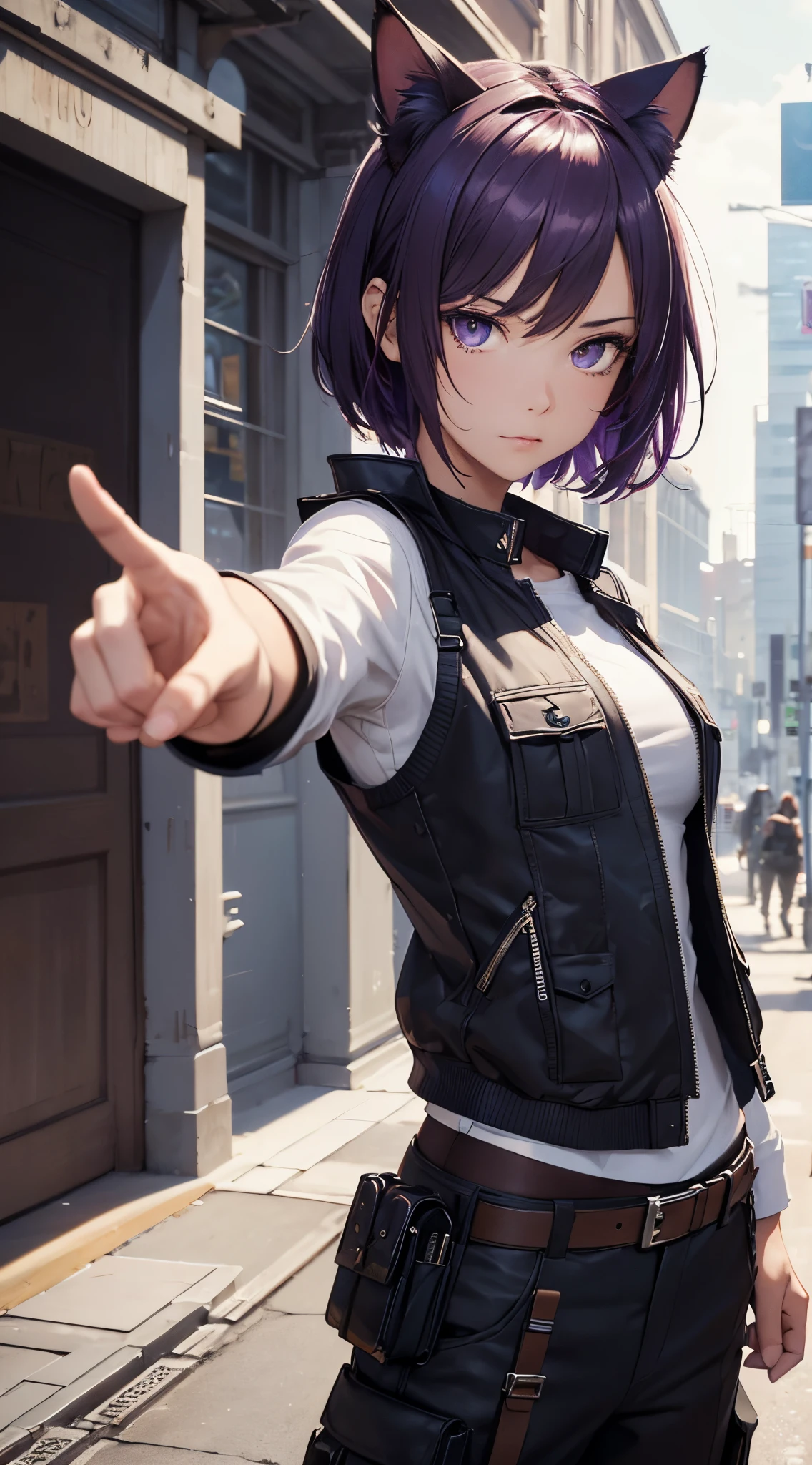 masterpiece, high quality, character concept art, close up photo, portrait, (detailed face, detailed eyes, detailed body:1.5), ARKNIGHTS, sci-fi knights, young girl, anthro, deep purple hair color, short hair, cat features, cat ears and tails, (wearing sexy elegant future outfit short jacket with straps and accessories, cargo pants, military vest), pointing finger, action calm down pose, battle damage