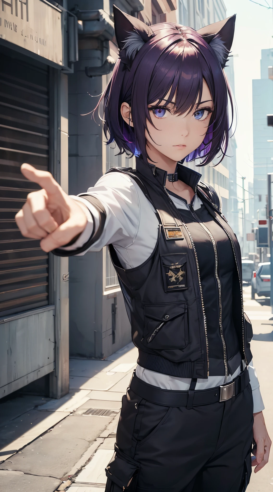 masterpiece, high quality, character concept art, close up photo, portrait, (detailed face, detailed eyes, detailed body:1.5), ARKNIGHTS, sci-fi knights, young girl, anthro, deep purple hair color, short hair, cat features, cat ears and tails, (wearing sexy elegant future outfit short jacket with straps and accessories, cargo pants, military vest), pointing finger, action calm down pose, battle damage