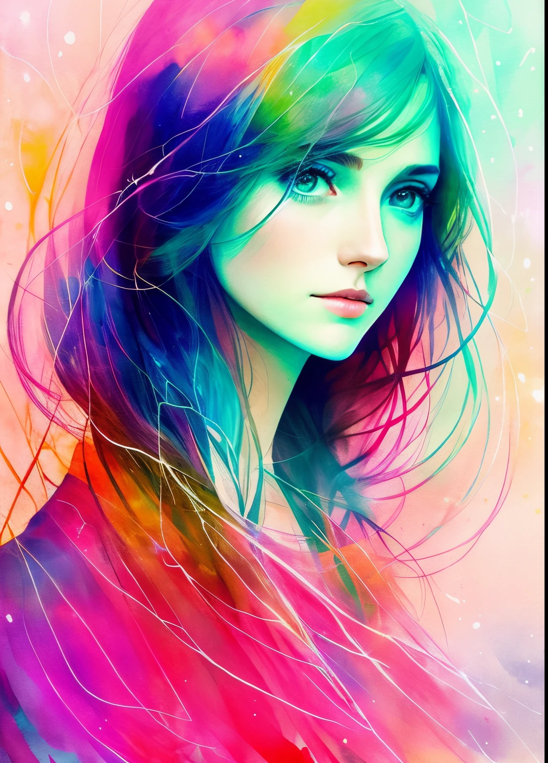 woman with agnes cecile, glowing design, pastel colors, ink drops, autumn lights