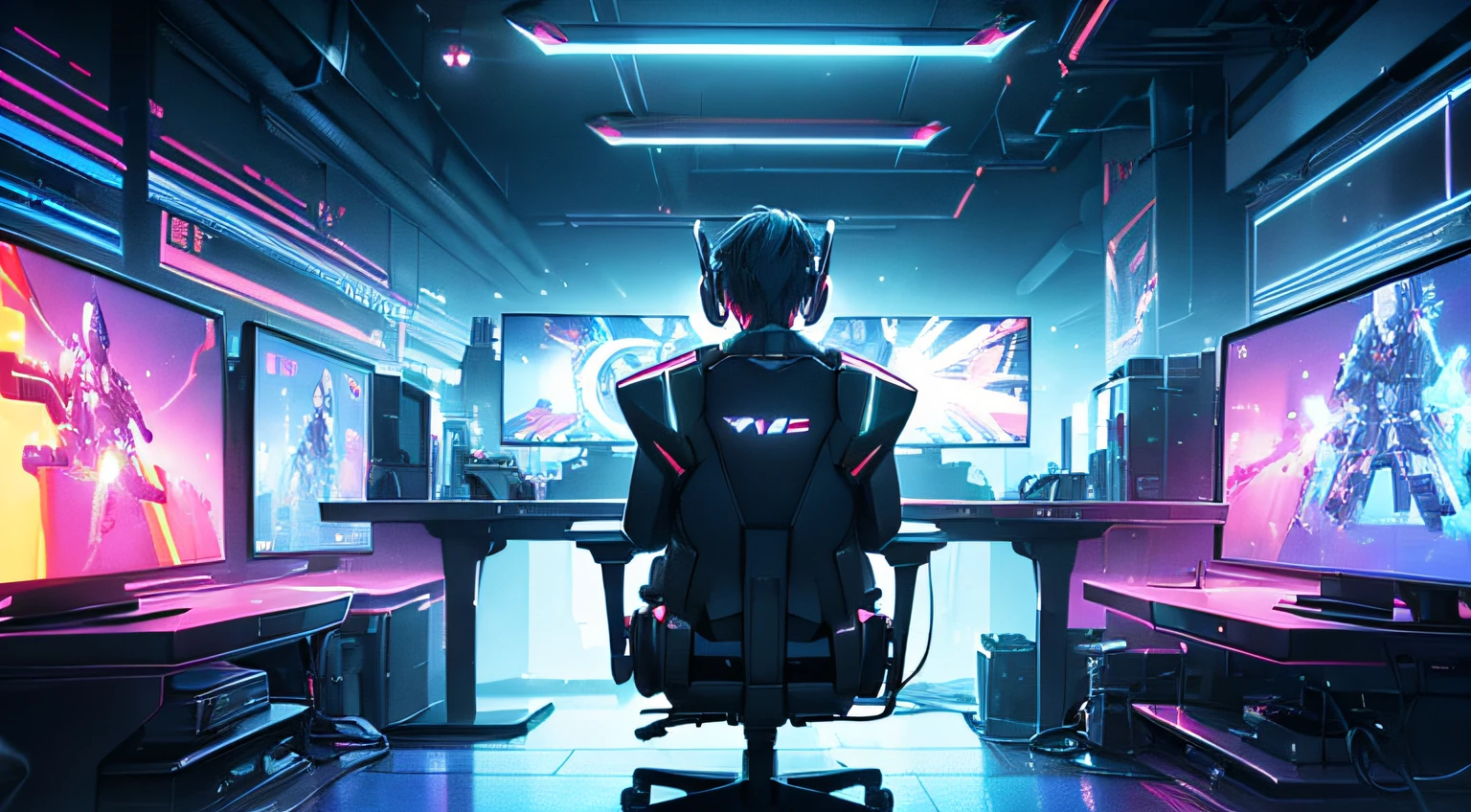 A man sitting on a chair, intensely focused, holding a game controller, in a room with futuristic neon lights. (best quality, highres), (futuristic:1.1), (intense focus), (neon lights), (gamer), (dark room), (blurred background), (intense concentration), (high-tech environment), (vibrant colors), (dynamic lighting), (immersive atmosphere), (sleek design), (electric blue tones), (shadows and reflections), (realistic details), (game console), (ergonomic chair), (high-tech gadgets), (passionate gaming), (electrifying energy), (emerging virtual reality), (captivating aura), (intense gaming experience), (sci-fi vibes), (motion blur), (powerful gameplay), (intense competition), (exciting challenges), (adrenaline rush), (nighttime setting), (cyberpunk elements), (technological advancements), (advanced gaming technology), (fierce determination), (player's world), (engrossing virtual world), (multiplayer gaming), (thrilling adventure), (competitive esports).