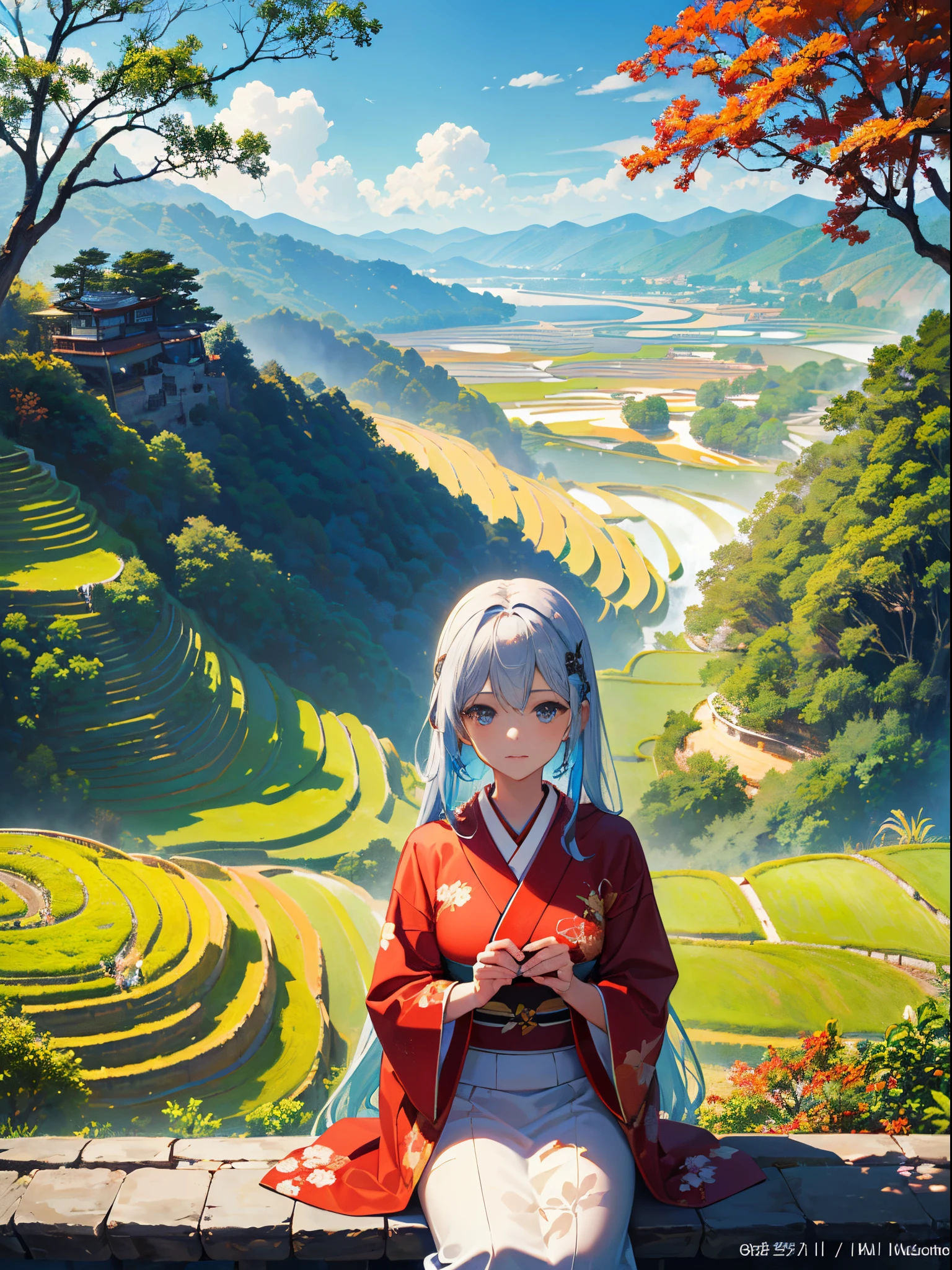 4girl,random hair,kimono outfit,(masterpiece, highest quality, extreme detailed, best quality, official art, beautiful and aesthetic:1.2), (1girl:1.75), Autumn, blue sky, white clouds, (Vivid, colorful rice terraces with no crops, Vivid, colorful rice terraces:1.2), top view, forest covered in autumn leaves, detailed background