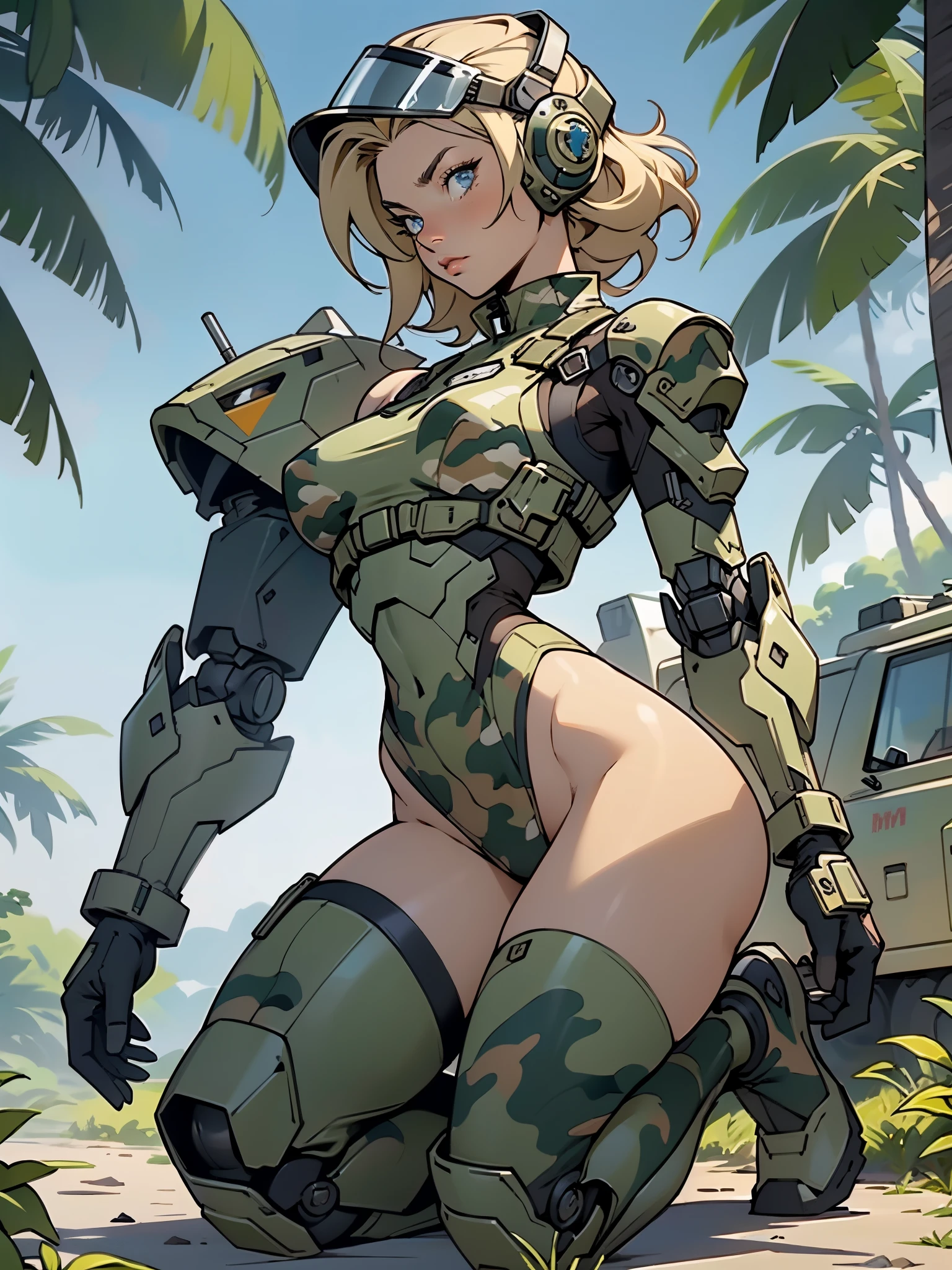 1woman 20 years old, max resolution, sculpted, military, wearing a soldier helmet, beautiful, perfect body, blonde hair, blue eyes, perfect body, thin waist, wide hips, large breasts, slim thighs, jungle background, armored vehicle, military robot dog, camouflaged uniform, tight panties, two-piece, highly detailed, high resolution, perfect hands, side view, camo, face fully turned to the side to look at the viewer, turn her head to look at the viewer, genuflection kneeling, one knee on ground, one knee up, bare shoulders