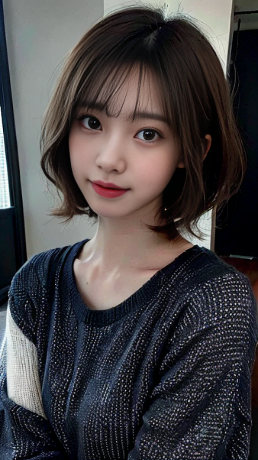 (masterpiece:1.3), (8k, photorealistic, RAW photo, best quality: 1.4), (1girl), beautiful face, (realistic face), (black hair, short hair:1.3), beautiful hairstyle, realistic eyes, beautiful detailed eyes, (realistic skin), beautiful skin, (sweater), absurdres, attractive, ultra high res, ultra realistic, highly detailed, golden ratio