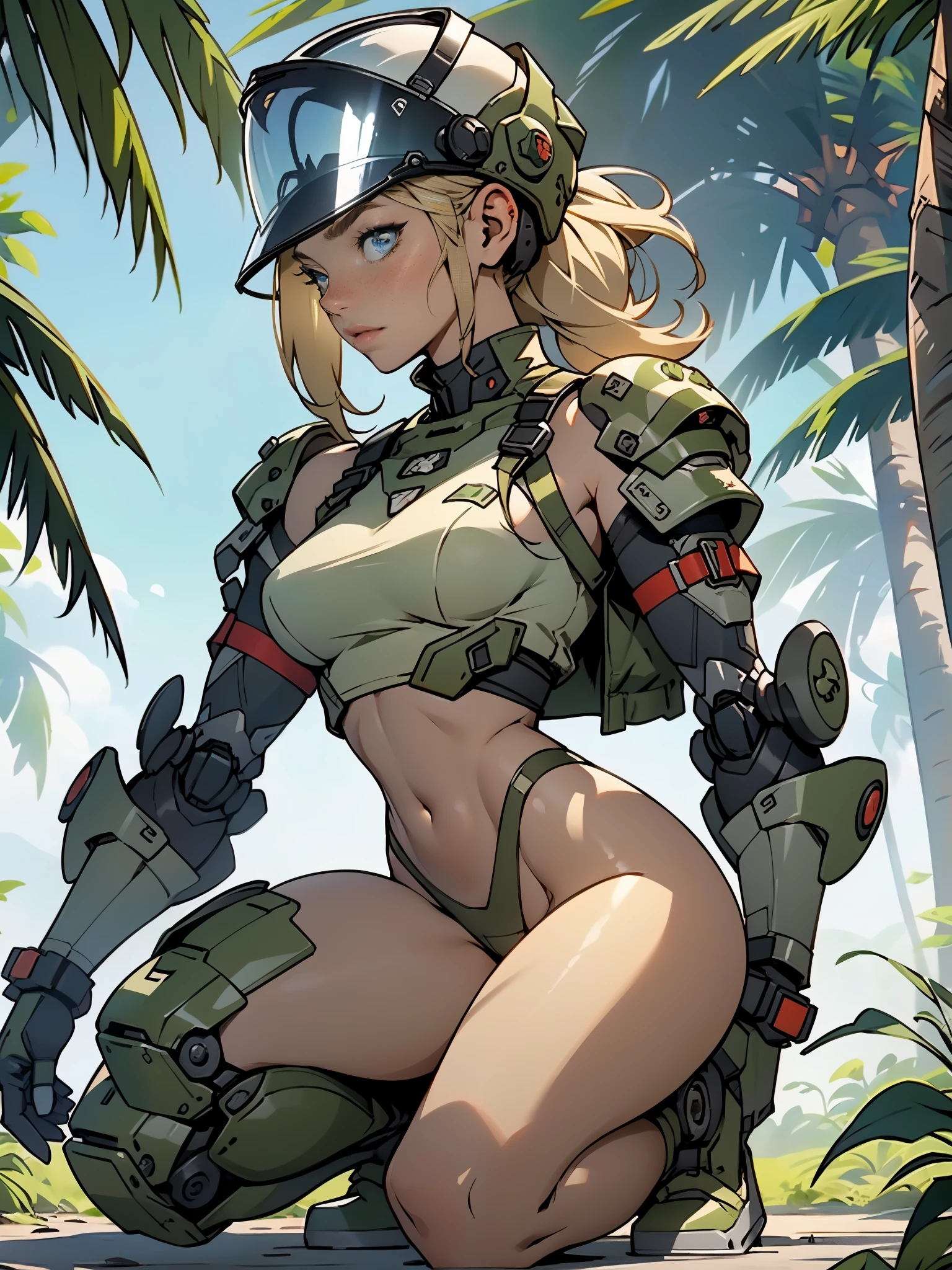 1woman 20 years old, max resolution, sculpted, military, wearing a soldier helmet, beautiful, perfect body, blonde hair, blue eyes, perfect body, thin waist, wide hips, large breasts, slim thighs, jungle background, armored vehicle, military robot dog, camouflaged uniform, tight panties, two-piece, highly detailed, high resolution, perfect hands, side view, camo, face fully turned to the side to look at the viewer, turn her head to look at the viewer, genuflection kneeling, one knee on ground, one knee up, bare shoulders