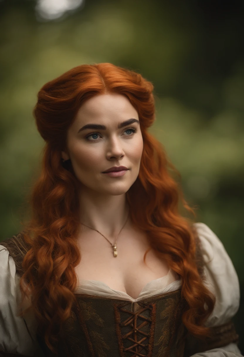 there is a woman with red hair and a dress posing for a picture, character headshot portrait, triss merigold cosplay, maiden with copper hair, scarlett hooft, portrait of florence pugh, cleavage, cinematic bust portrait, a portrait of the character, triss merigold, wistful bosom, promotional portrait, disney weta portrait, florence pugh, laughing out loud