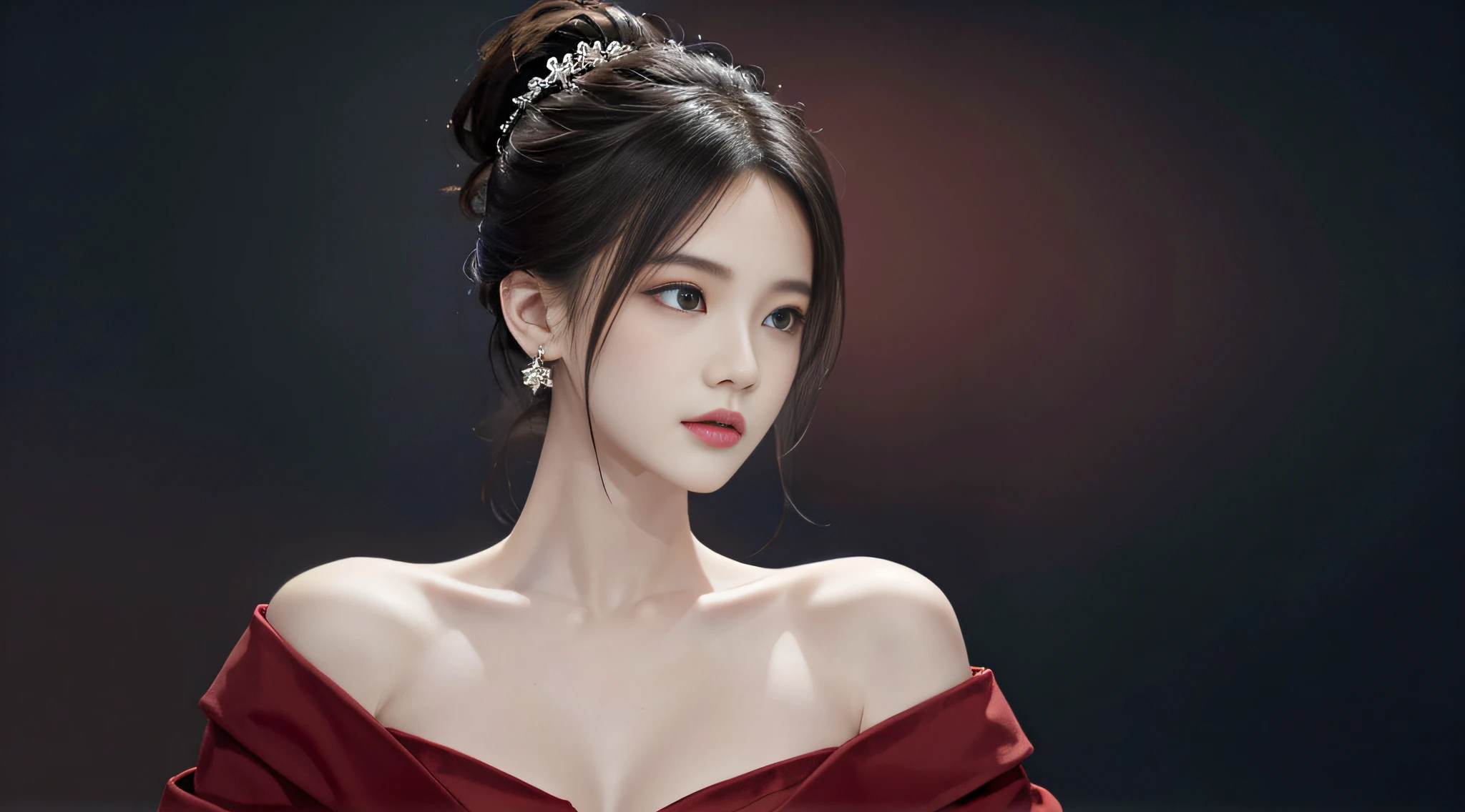 1个Giant Breast Girl,edge lit,黑The eye,The upper part of the body,High top fade in and out,Off the shoulder style,
stunning gradient colors,
black red background,
(tmasterpiece, Best quality at best:1.4),(realisticlying:1.4)(actual, Photorealistic:1.4),8k ultra high definition,超高分辨率,raw,HighDynamicRange,