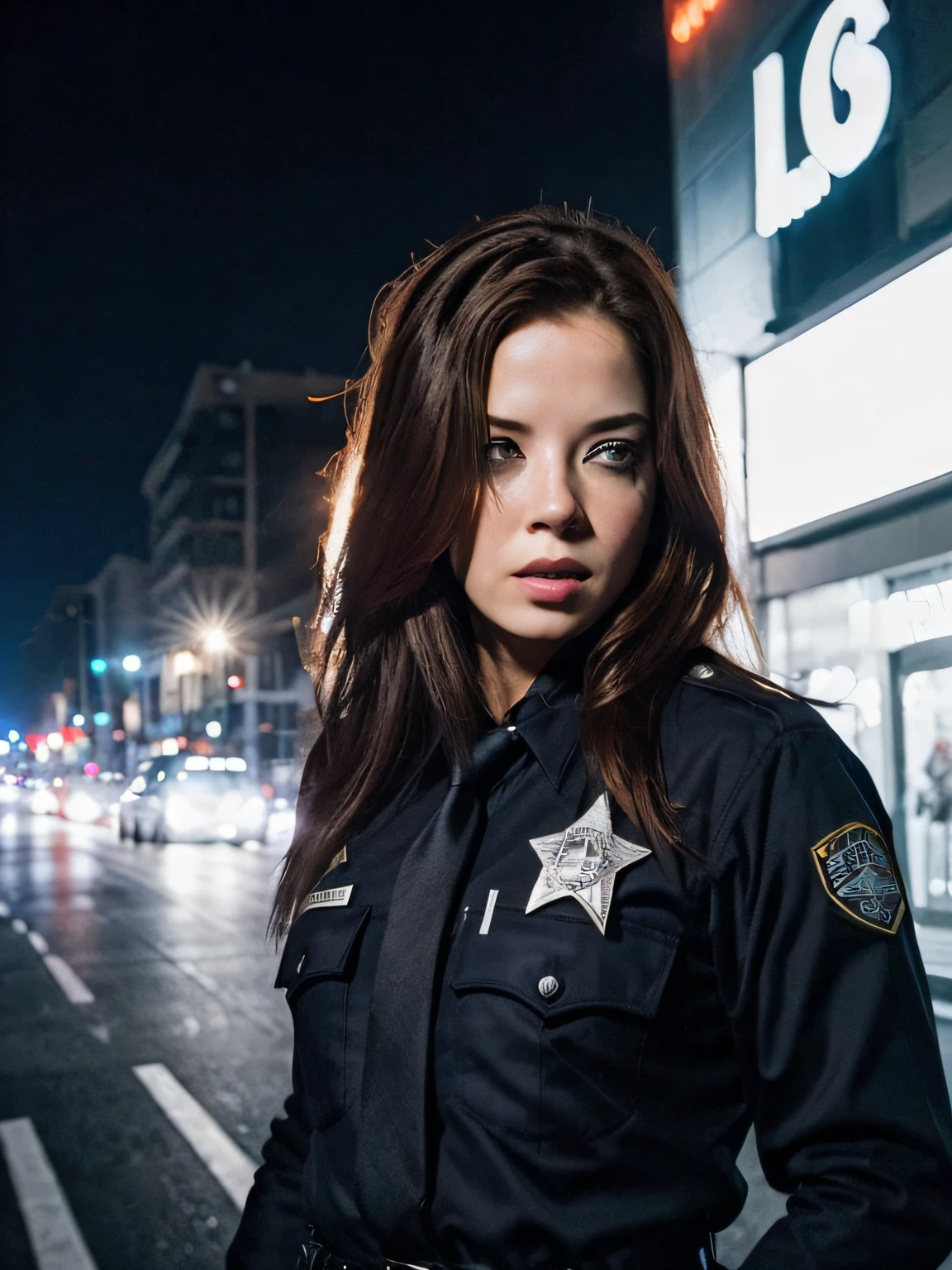 los angeles city street, (night time), (dark lighting:1.2), (LAPD uniform), (long sleeve police uniform:1.0), long straight hair, serious expression, frown, (photorealistic:1.2) (best quality) (detailed) (intricate) (8K), (cinematic lighting:1.2), sharp details