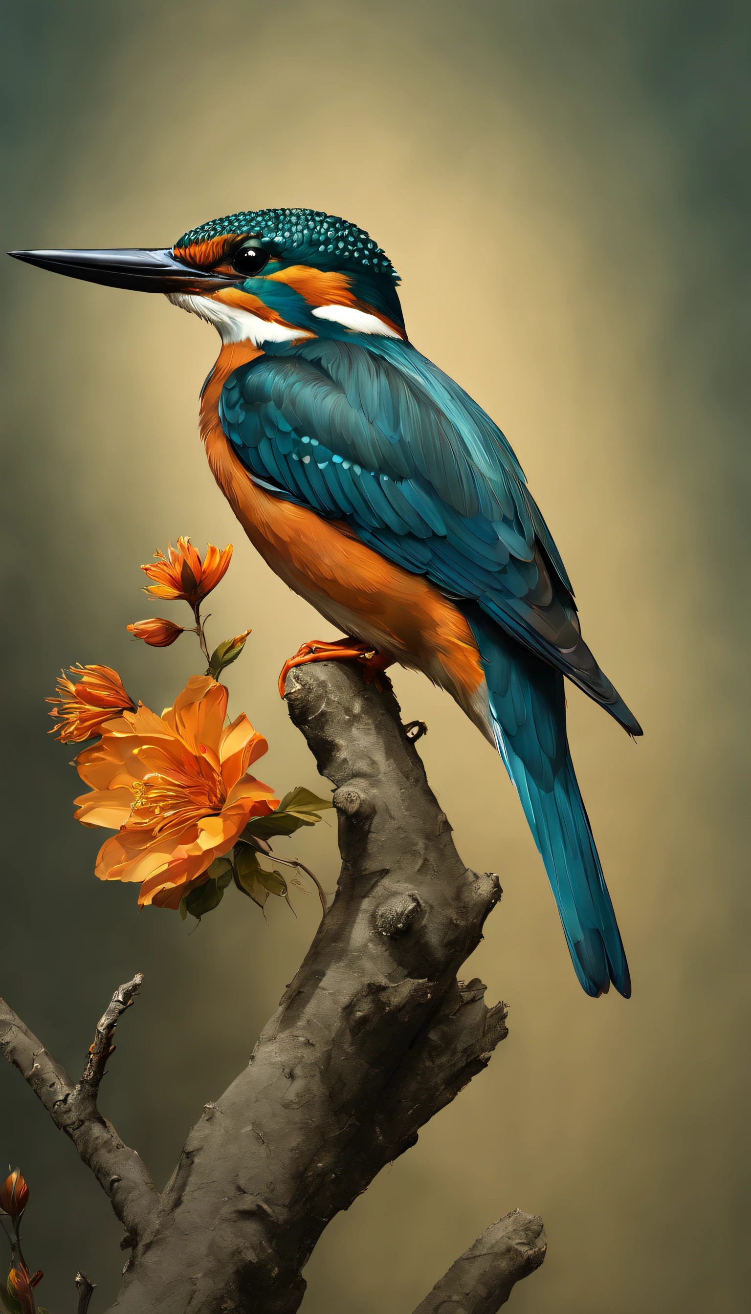 the lord of the flowers kingfisher on the tree branch, in the style of hyperrealistic murals, moody and evocative color palettes, dark teal and amber, odd juxtapositions, chiaroscuro portraitures, realistic portraitures, dark beige and orange --ar 9:16 --v 5.1 --s 950