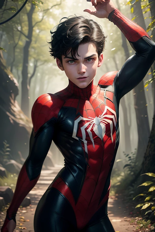 A highly detailed photograph of a white 18-year-old spiderman, with green eyes, well groomed short black hair, mischievous look, happy expression, wearing a red and gold spiderman clothes, taking off the top of the suit, showing the torso, in a fantasy forest, beautiful illumination. hyperrealistic, hyperdetailed, 4k,