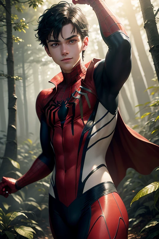 A highly detailed photograph of a white 18-year-old spiderman, with green eyes, well groomed short black hair, mischievous look, happy expression, wearing a red and gold spiderman clothes, taking off the top of the suit, showing the torso, in a fantasy forest, beautiful illumination. hyperrealistic, hyperdetailed, 4k,