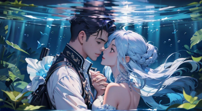 Huge amount of photos，（look from down，under the water），[(a man and a girl)+(the kiss)]，Eau, foam，（Warm light source：1.2），Lots of purple and blue，Plenty of detail，plethora of colors，Fluttering hair，romantic, Holding hands，In the water，bustup，Ultra-high sharpness，Planktonic