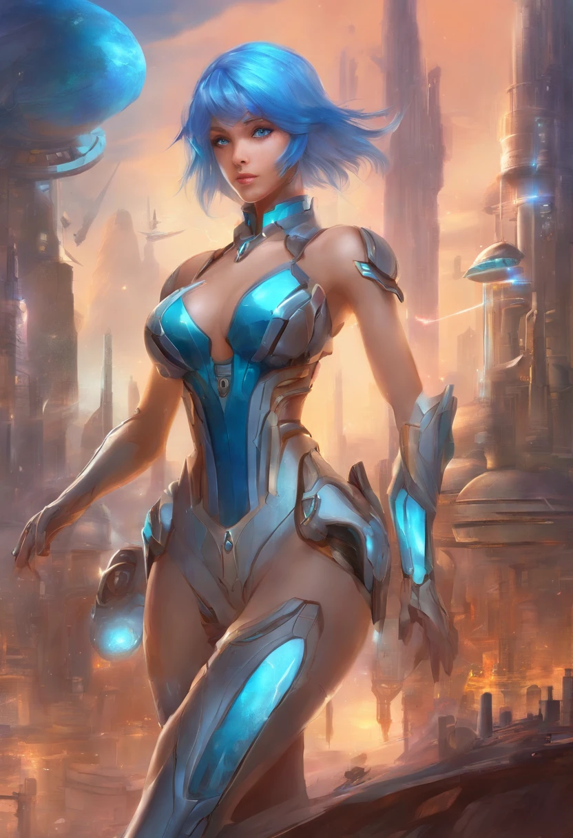 Xenosaga kosmos, beautiful female android, robotic swimming suite, shining blue hair, blue eyes, big breast, realistic skin, cinematic background, futuristic cyber city background