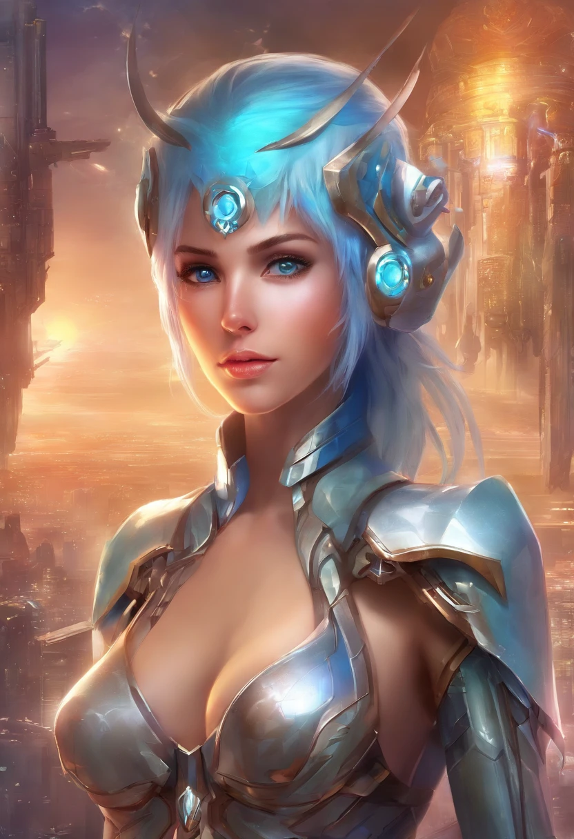 Xenosaga kosmos, beautiful female android,  robotic swimming suite,  shining blue hair,  blue eyes,  big breast, realistic skin, cinematic background,  futuristic cyber city background