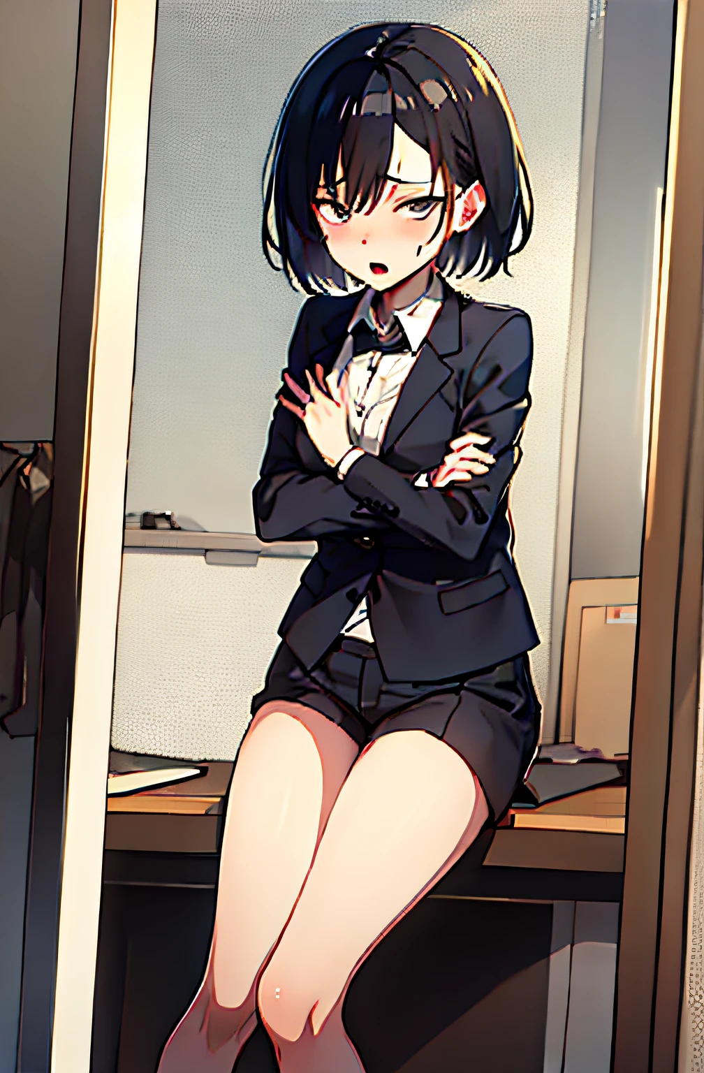 最high quality, masterpiece, 1 Girl, Beautiful Face, (Photorealistic photography:1.3), Rim Light, (Skin with attention to detail:1.2), 8K UHD, Digital SLR, high quality, High resolution, 4K, 8K, Bokeh, Disorganized, The optimal ratio is four fingers to one thumb, (Genuine:1.3), Small face, pretty girl, Black Formal Blazer, Middle chest, Short skirt,office,skirt lift,pussy line,Vive in pussy,
