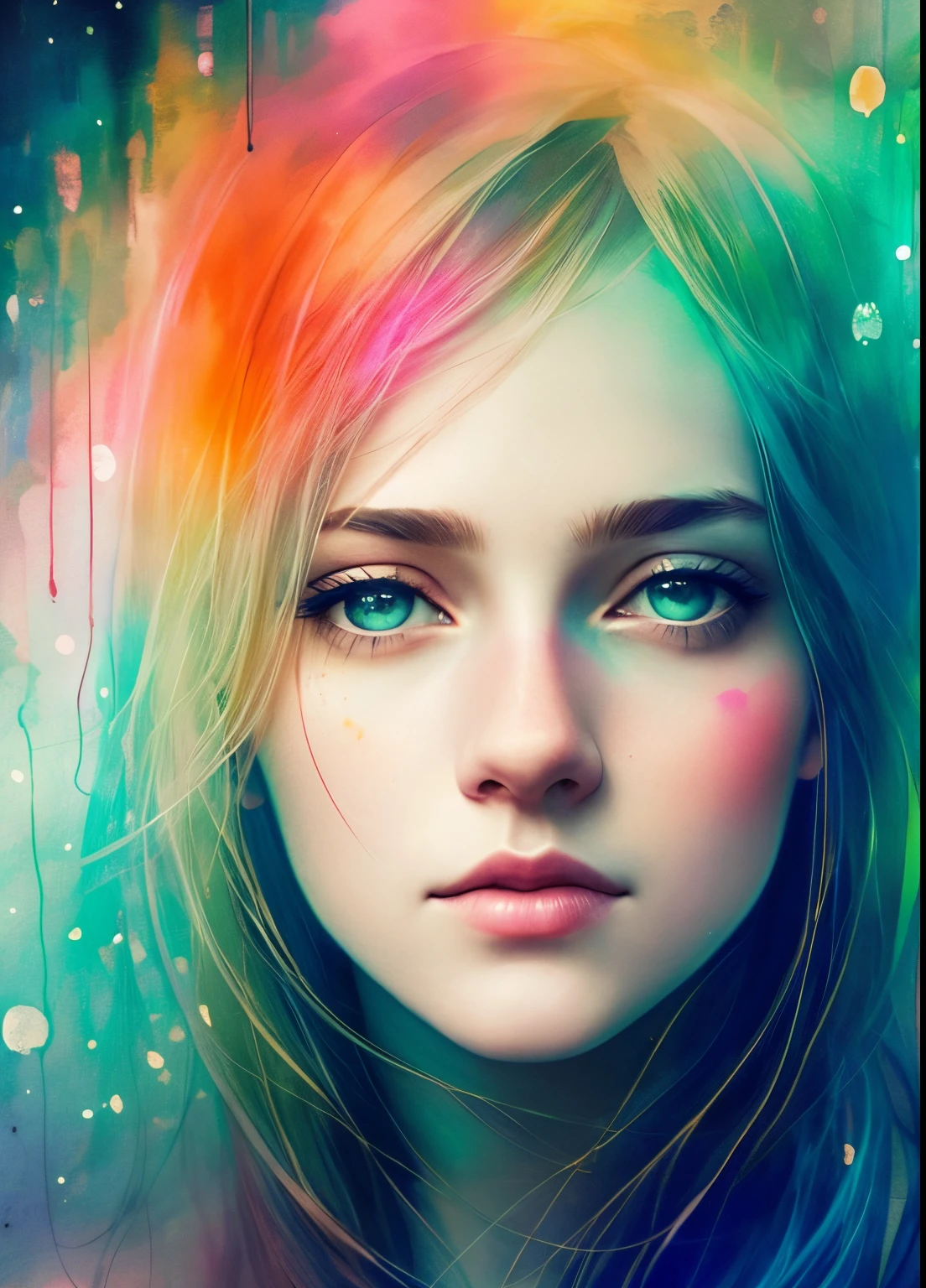 a woman by agnes cecile, luminous design, pastel colours, ink drips, autumn lights, detailed Turmaline Green eyes
