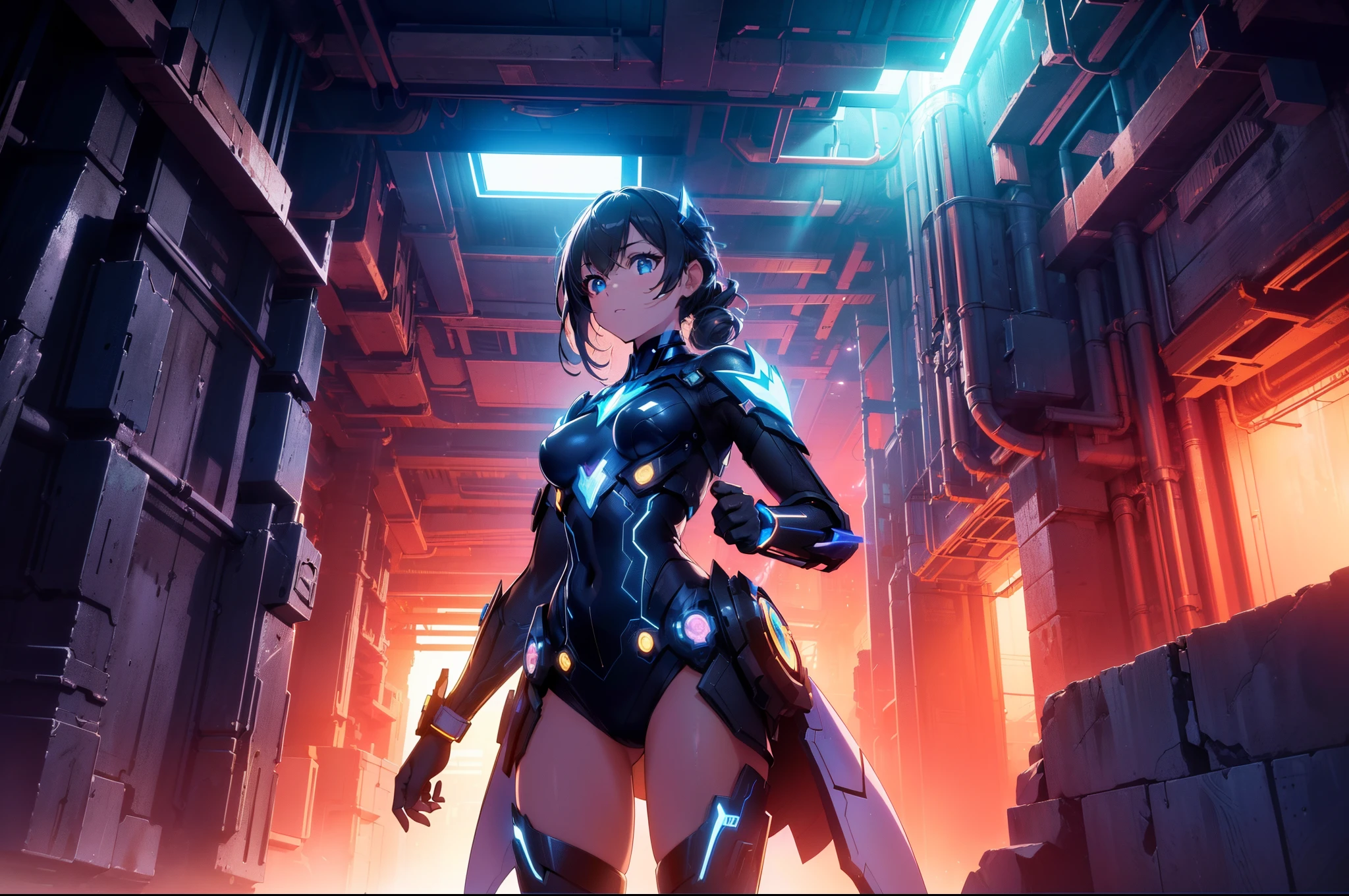 1 cute girl, GeoFront, (underground metropolis), (((sci-f))), concept art, wide shot, character focus, cowboy shot, from side, from below, night,(black lightning),  (cinematic lighting) , high resolution,(incredibly absurdres) ,extremely detailed CG unity 8k wallpaper, ((masterpiece)), ((top-quality)), (beautiful illustration), ((an extremely delicate and beautiful))