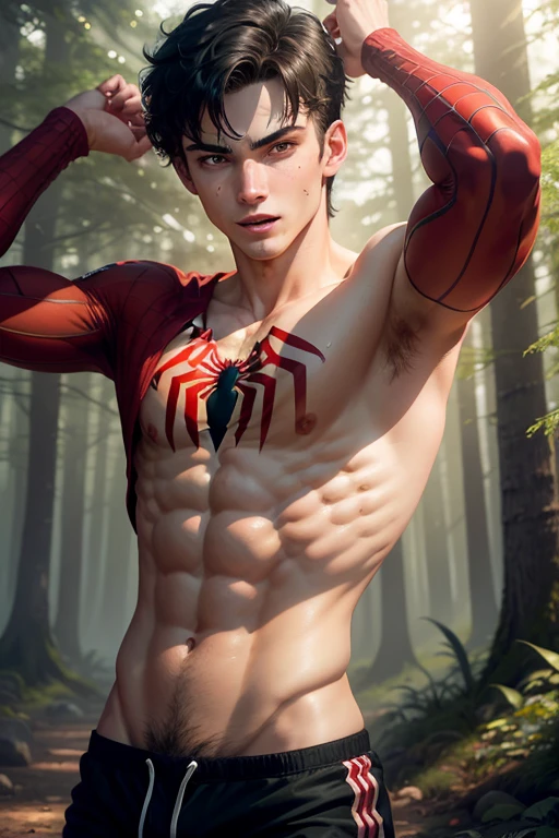 A highly detailed photograph of a white 18-year-old spiderman, handsome, attractive, masculine pose, with green eyes, well groomed short black hair, mischievous look, happy expression, wearing a red and gold spiderman clothes, shirtless sweaty, showing the ripped torso, in a fantasy summer forest, beautiful illumination. hyperrealistic, hyperdetailed, 4k,