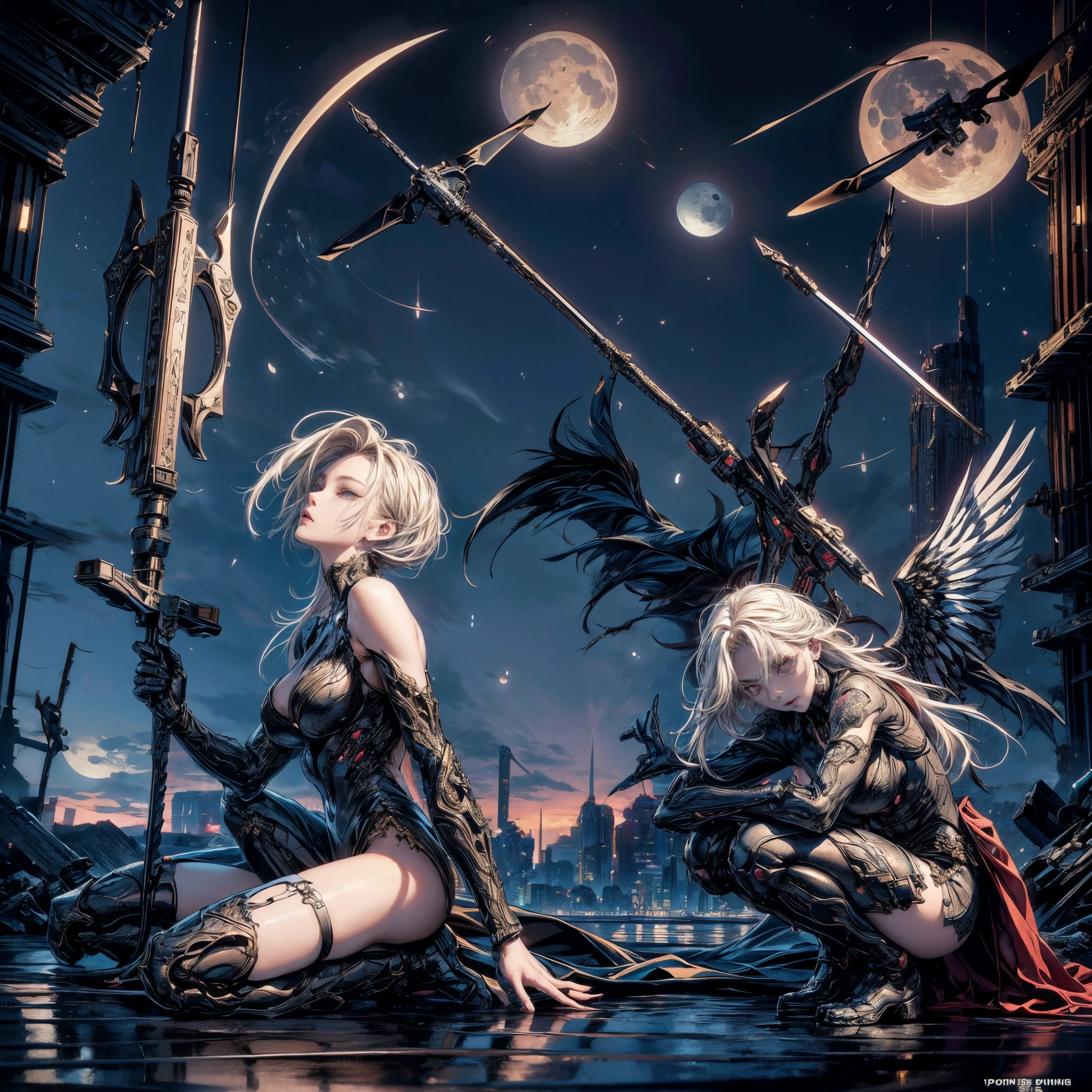 Cinematic lighting,super detailed skin、beautiful and detailed face、Beautiful detailed eyes、Highly detailed limbs、Best Quality,cyberpunked,(Alternative、dim colors, Soothing tones:1.3),Blonde hair、NSFW(1beautiful woman、sixteen years old、Detailed beautiful facial features:1.3)(well-shaped breasts、Exposed shoulders、Posture of reflection、ripped clothing:1.2).beautiful villain、Incarnation of evil、cyberpunk fallen angel、mechanic design wing(Arms and legs are machines:1.5)(Large Weapon:1.2)、(crouching down、acrobatic combat pose、Dynamic battle scenes:1.5)、crouching down、Confront the enemy、Destroyed buildings、Predawn sky、(Highly detailed feet:1.4)(Dawn sky、moon and satellite、drone:1.2)