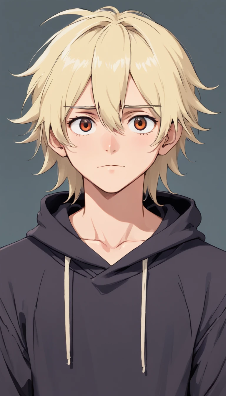 one male, skinny body, tired black eyes, eye bags, pale skin, blushing, nervous expression, platinum blond hair, mullet styled hair, long bangs, bandaged, scruffy appearance, emo, black hoodie, plain background