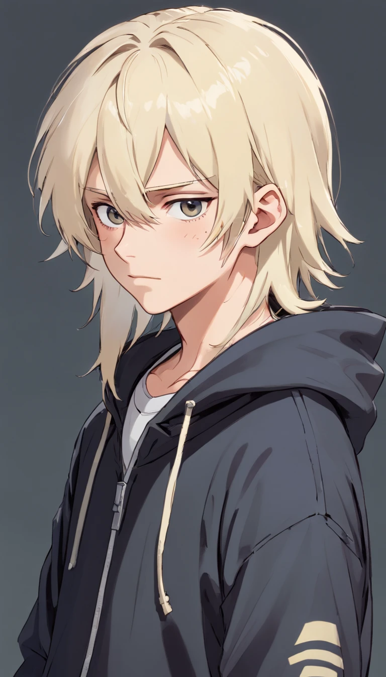 one male, skinny body, tired black eyes, eye bags, pale skin, blushing, nervous expression, platinum blond hair, mullet styled hair, long bangs, bandaged, scruffy appearance, emo, black hoodie, plain background