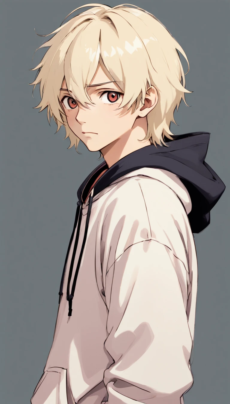 one male, skinny body, tired black eyes, eye bags, pale skin, blushing, nervous expression, platinum blond hair, mullet styled hair, long bangs, bandaged, scruffy appearance, emo, black hoodie, plain background