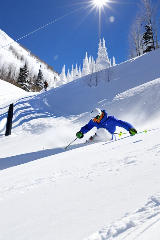 Skier skiing down the mountain, steep turn, white sparkling snow, Sunny weather