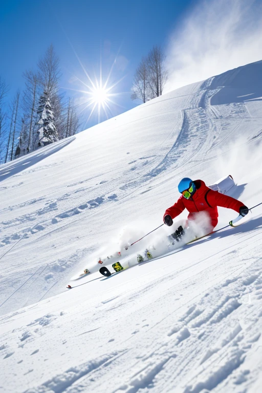 Skier skiing down the mountain, steep turn, white sparkling snow, Sunny weather