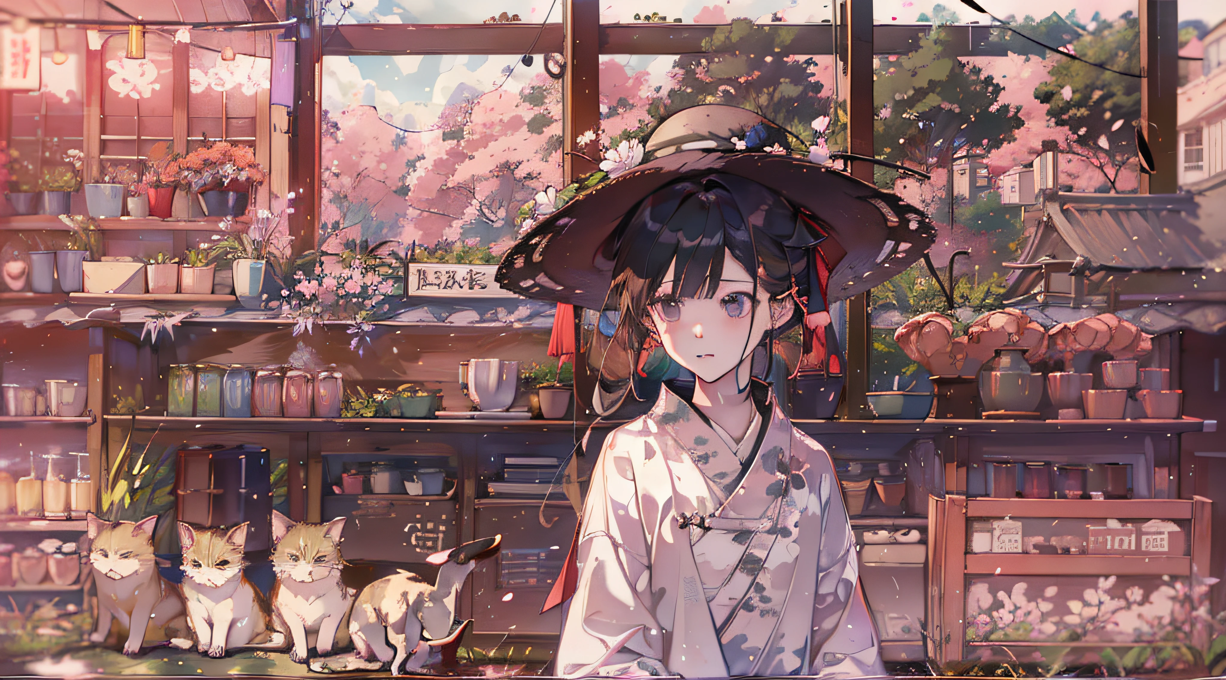 Inside a general store tucked away in the back of an alley、​masterpiece、1 Youth、Young man with nervous expression、Young man with a melancholy expression、Young man in withered black suit and hat、Poor figure、Landscape with rusty shades、Old Japan landscape、kyoto、Meiji、Taisho、Taisho romance、stone pavement、Cats、top-quality、hightquality、Highly detailed CG Unity 8K wallpapers、art  stations、Digital Illustration、with an intricate、trending、awardwinning photo、depth of fields、nffsw、chromatic abberation、真实感、A highly detailed、trends in the art station、CGsociety Trends、with an intricate、high detal、Dramatic、 8K, 16 K, top-quality, photon maping, Radio City, Photorealsitic, Elaborate CG, Physically Based Rendering, ultra realistic realistic textures, unrealengine5, motion angles、cinematlic lighting, Dramatic Writing, Professional Writing,